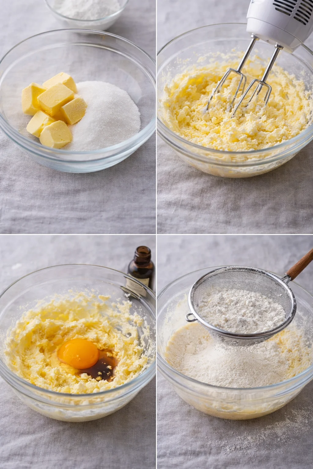 step-process-placeholder-1-4.png Pale, fluffy creamed butter and sugar in a bowl as egg added and flour being sifted.