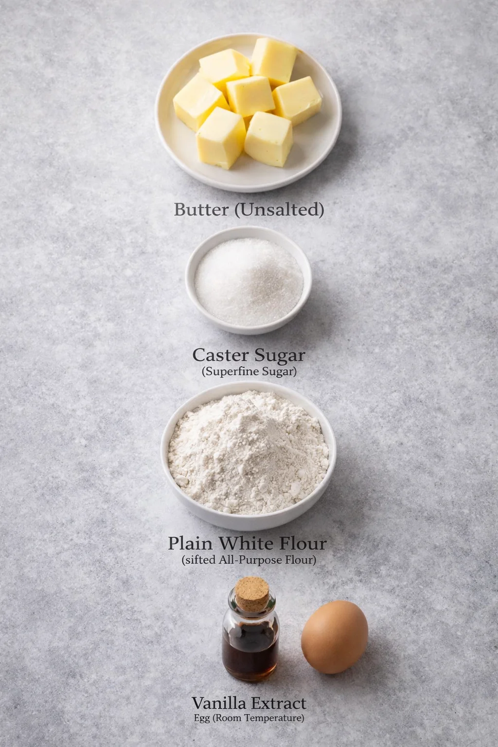 ingredients-placeholder.png Measured ingredients arranged for Easy Biscuit Recipe: Butter (Unsalted), softened just enough to leave a slight indentation when pressed but not greasy or melting, Caster Sugar (also called superfine sugar), Plain White