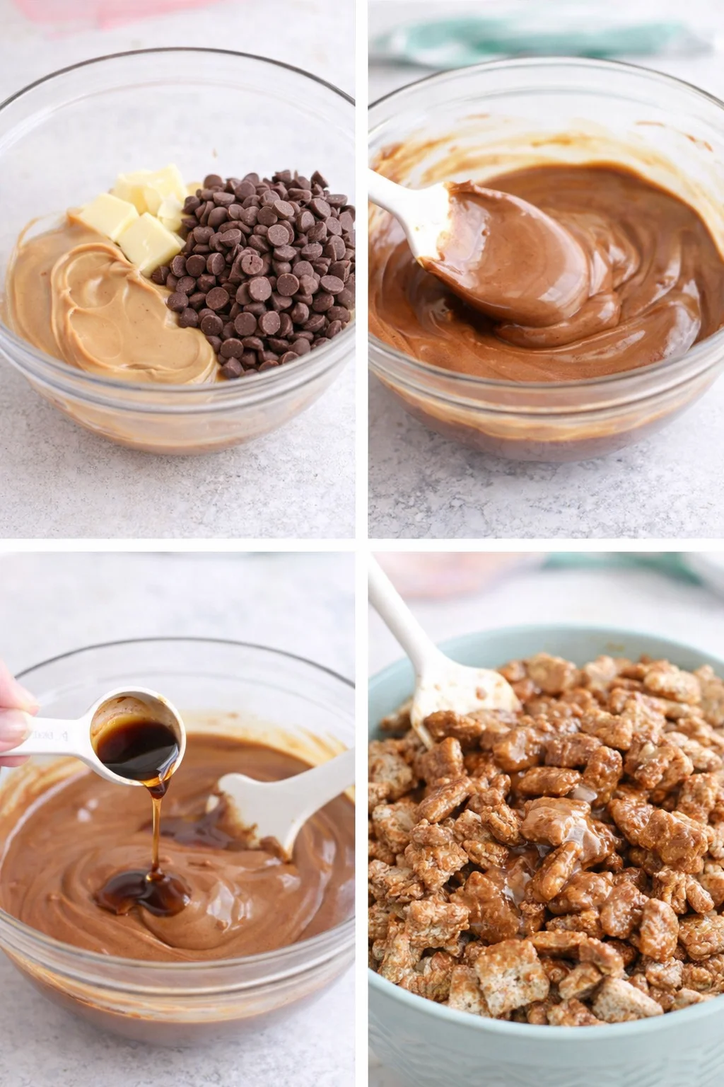 step-process-placeholder-1-4.png Glossy melted chocolate and peanut butter mixture being poured over Chex cereal in a large bowl