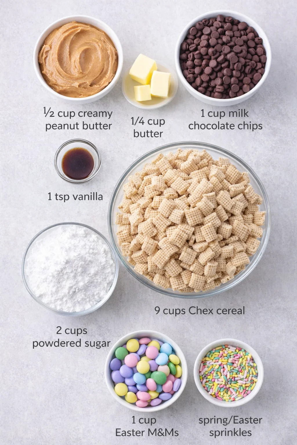 ingredients-placeholder.png Measured ingredients arranged for Easter Bunny Chow - Crafty Morning: 1/2 cup creamy peanut butter, 1/4 cup butter, 1 cup milk chocolate chips, 1 tsp vanilla, 9 cups Chex cereal, 2 cups powdered sugar
