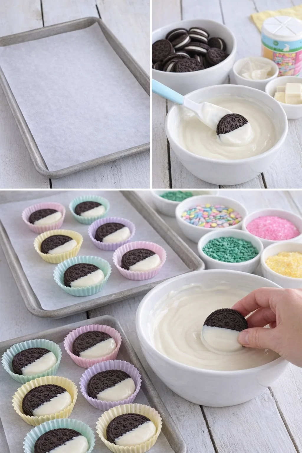 Parchment-lined sheet nearby bowl of melted vanilla almond bark; a hand half-dipping an Oreo.