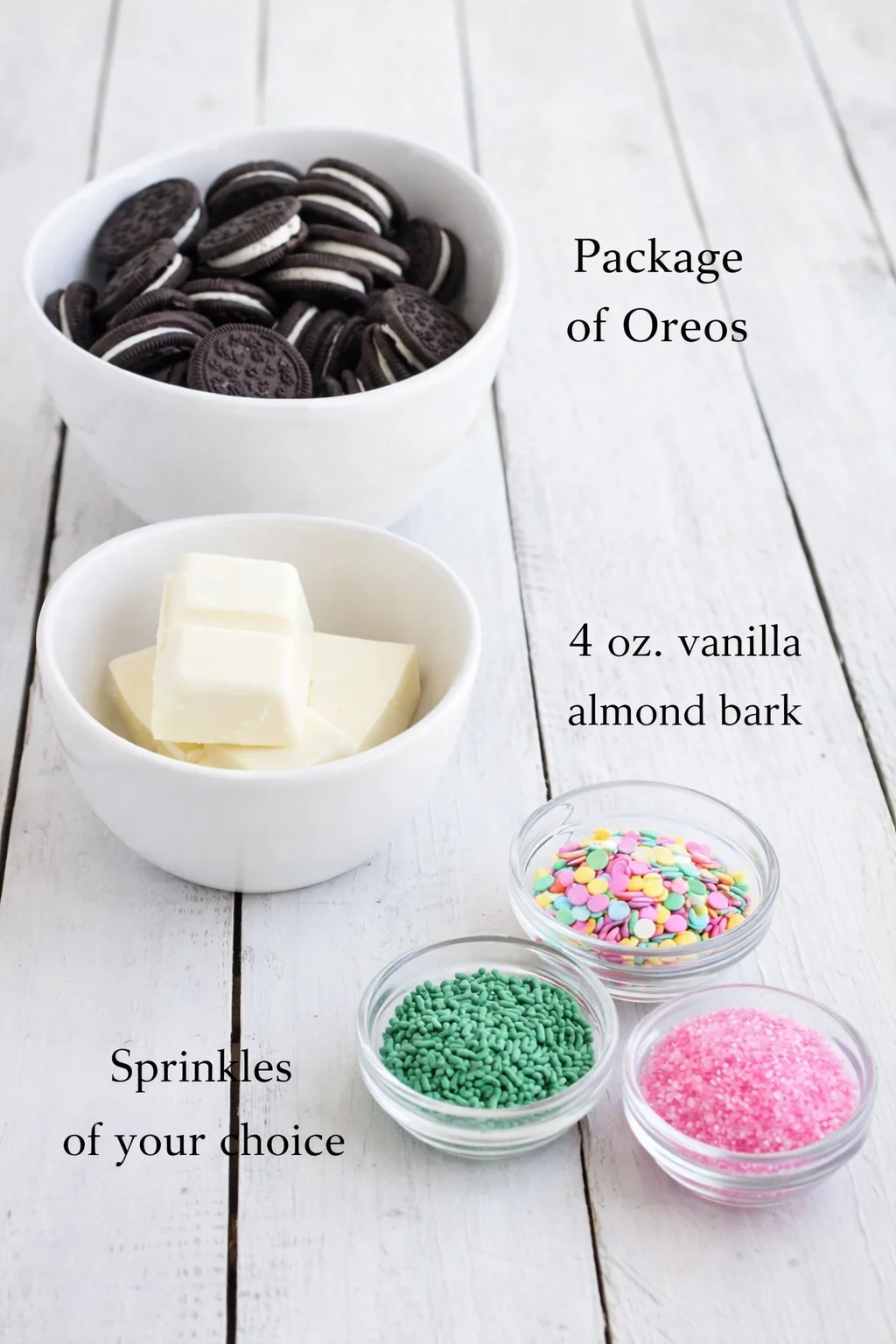 Measured ingredients arranged for Easy Dipped Spring Oreos: 1 package of Oreos, 4 oz. vanilla almond bark, sprinkles of your choice