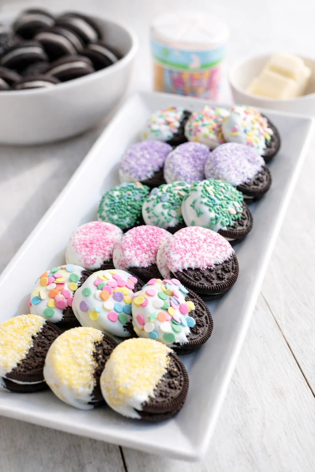 Final plated Easy Dipped Spring Oreos served as a hero shot