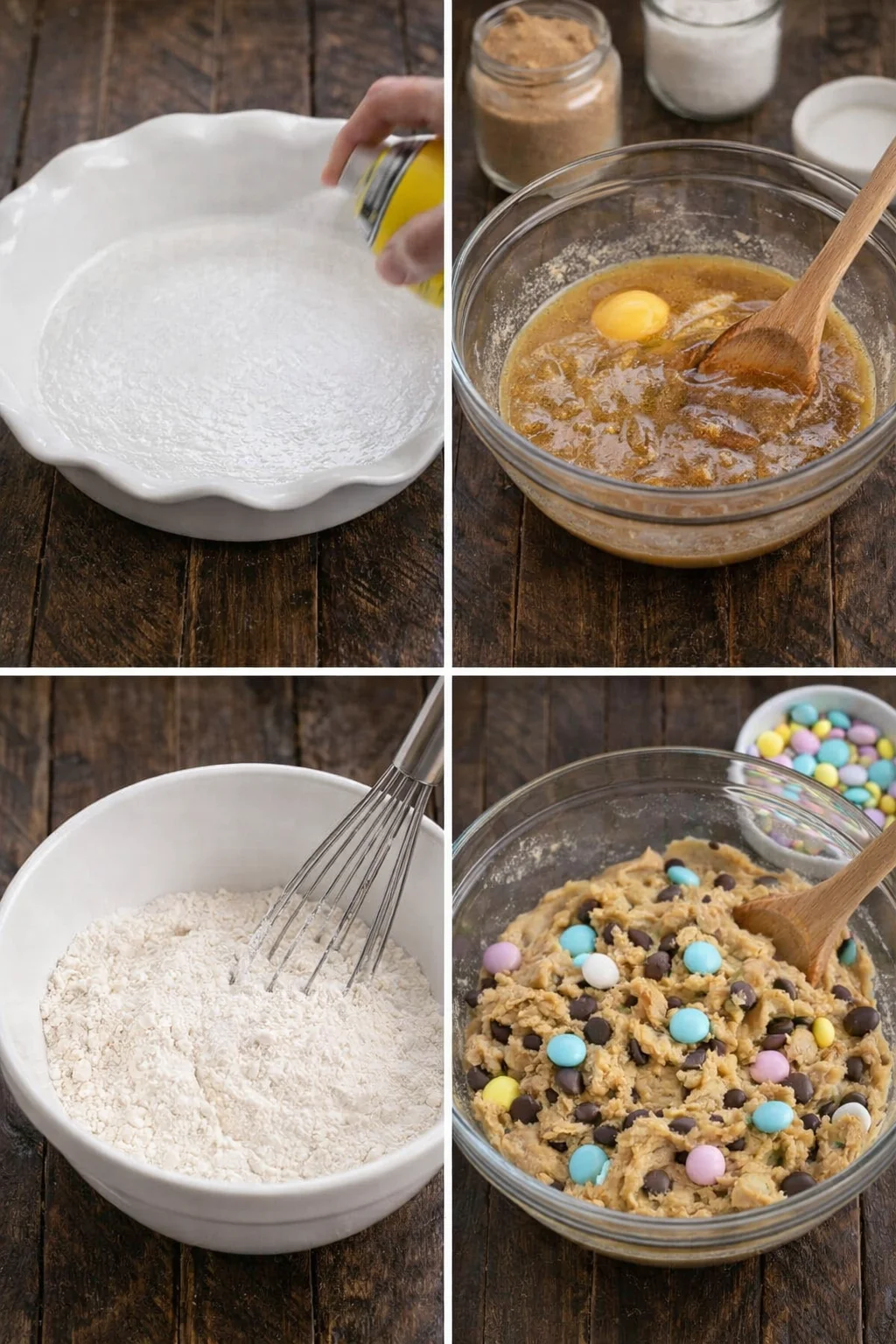 step-process-placeholder-1-4.png Large bowl with smooth butter-sugar-egg batter; wooden spoon folding in chocolate chips and candies.