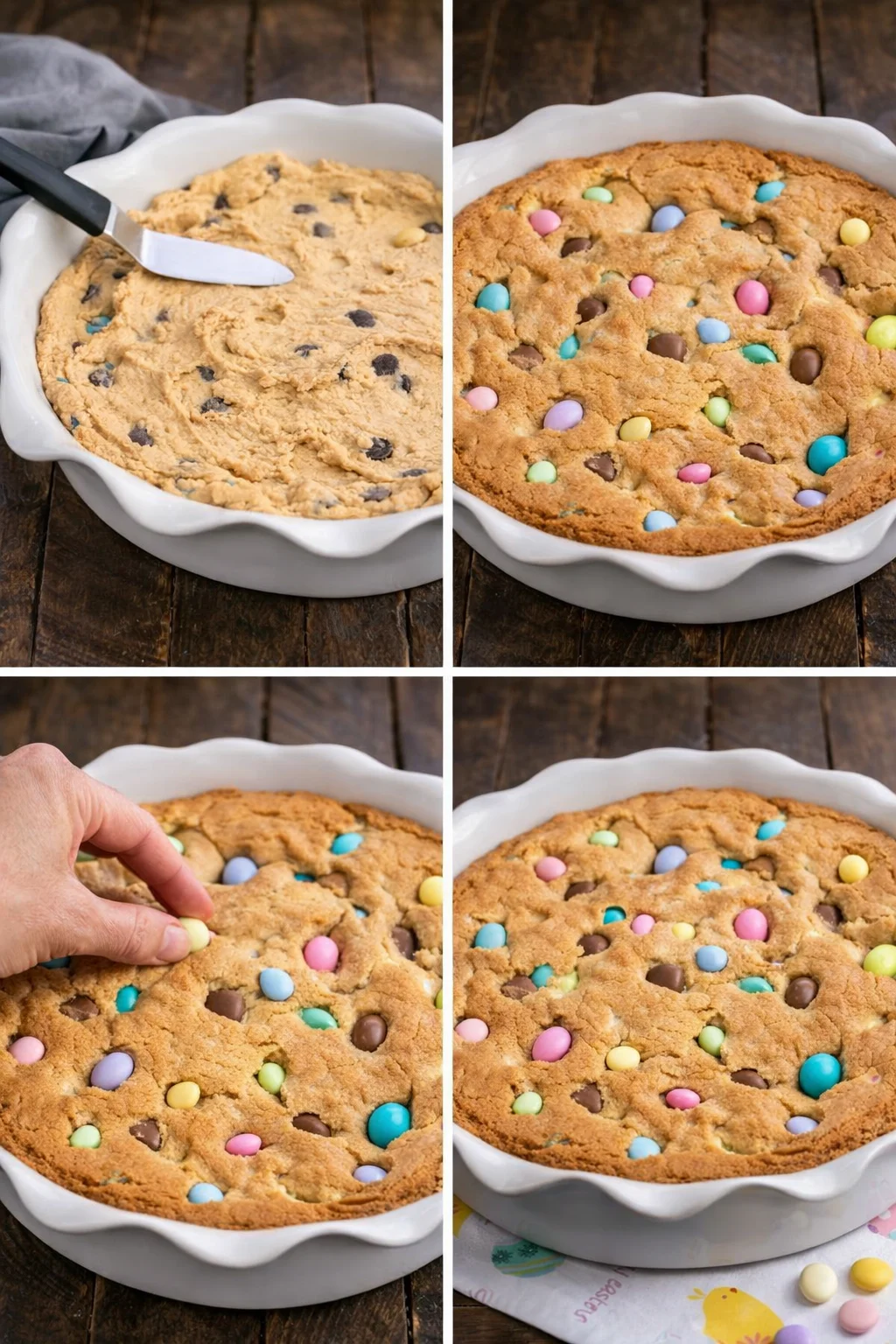 step-process-placeholder-5-8.png Cookie dough spread and smoothed in greased pie plate, then baked golden, candies pressed into warm top.