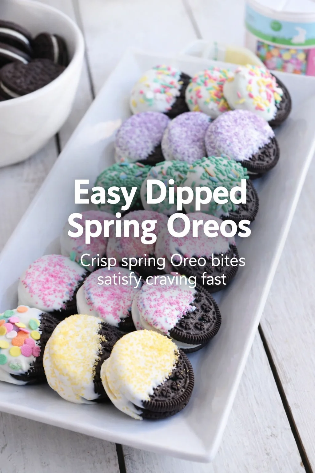 Pinterest-style image for Easy Dipped Spring Oreos with centered text overlay
