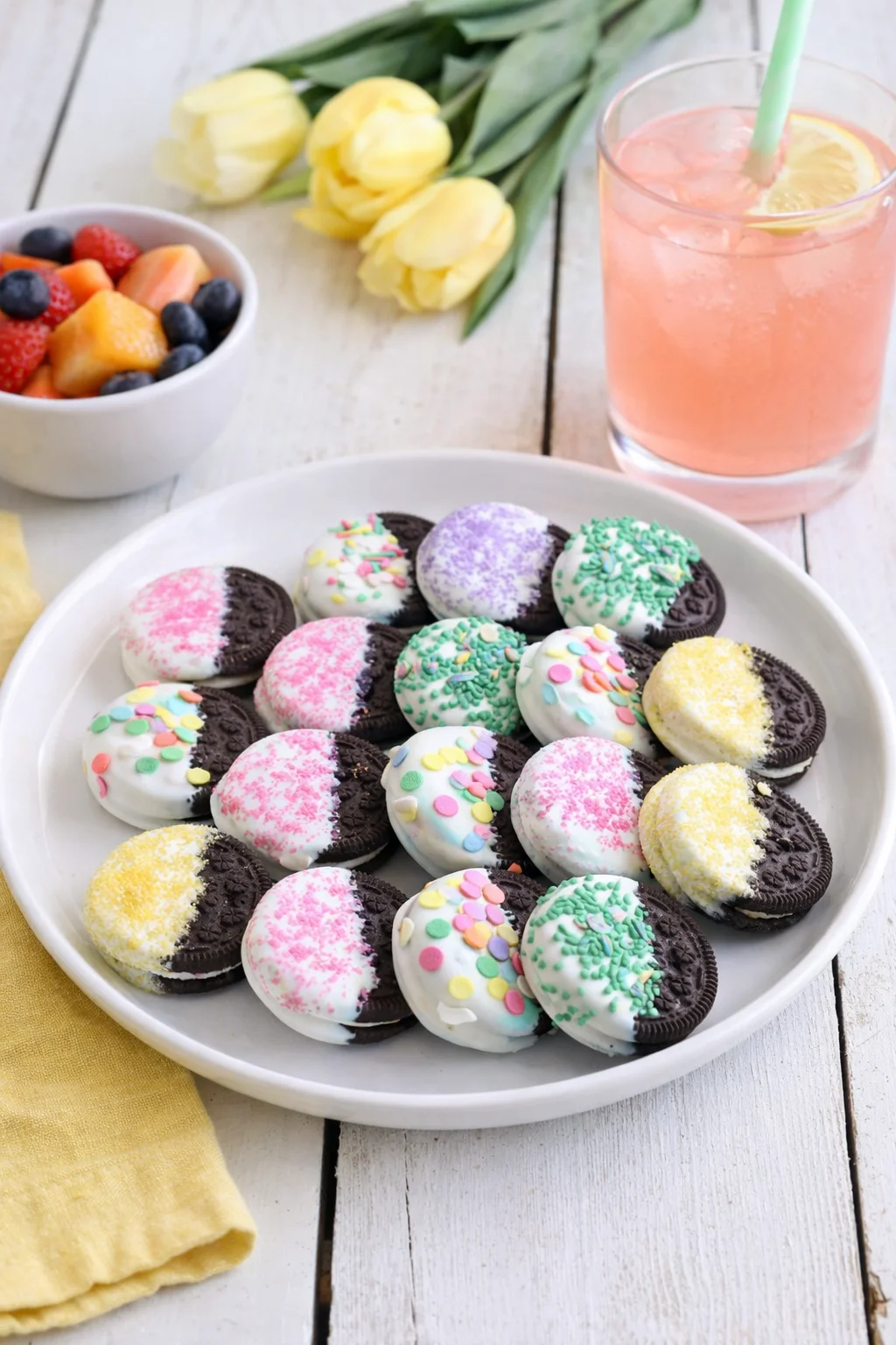 Alternative angle of Easy Dipped Spring Oreos served with a pairing