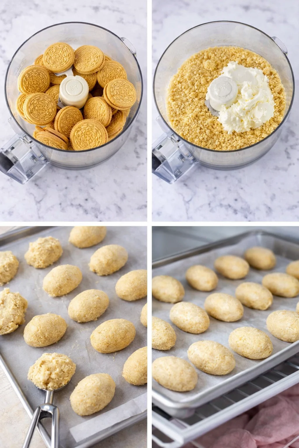 step-process-placeholder-1-4.png Crumbs and cream cheese mixed into dough, hands shaping egg-shaped balls and tray chilling.