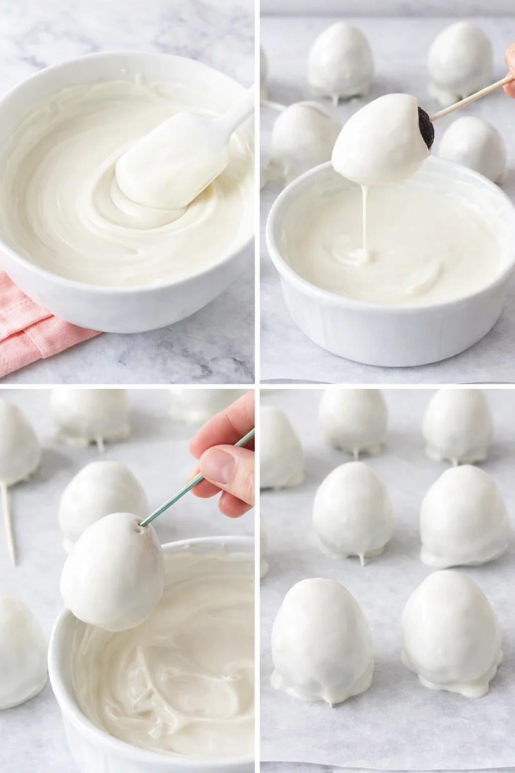step-process-placeholder-5-8.png Chilled egg-shaped cookies being dipped on toothpicks into smooth white coating, laid on parchment to dry.