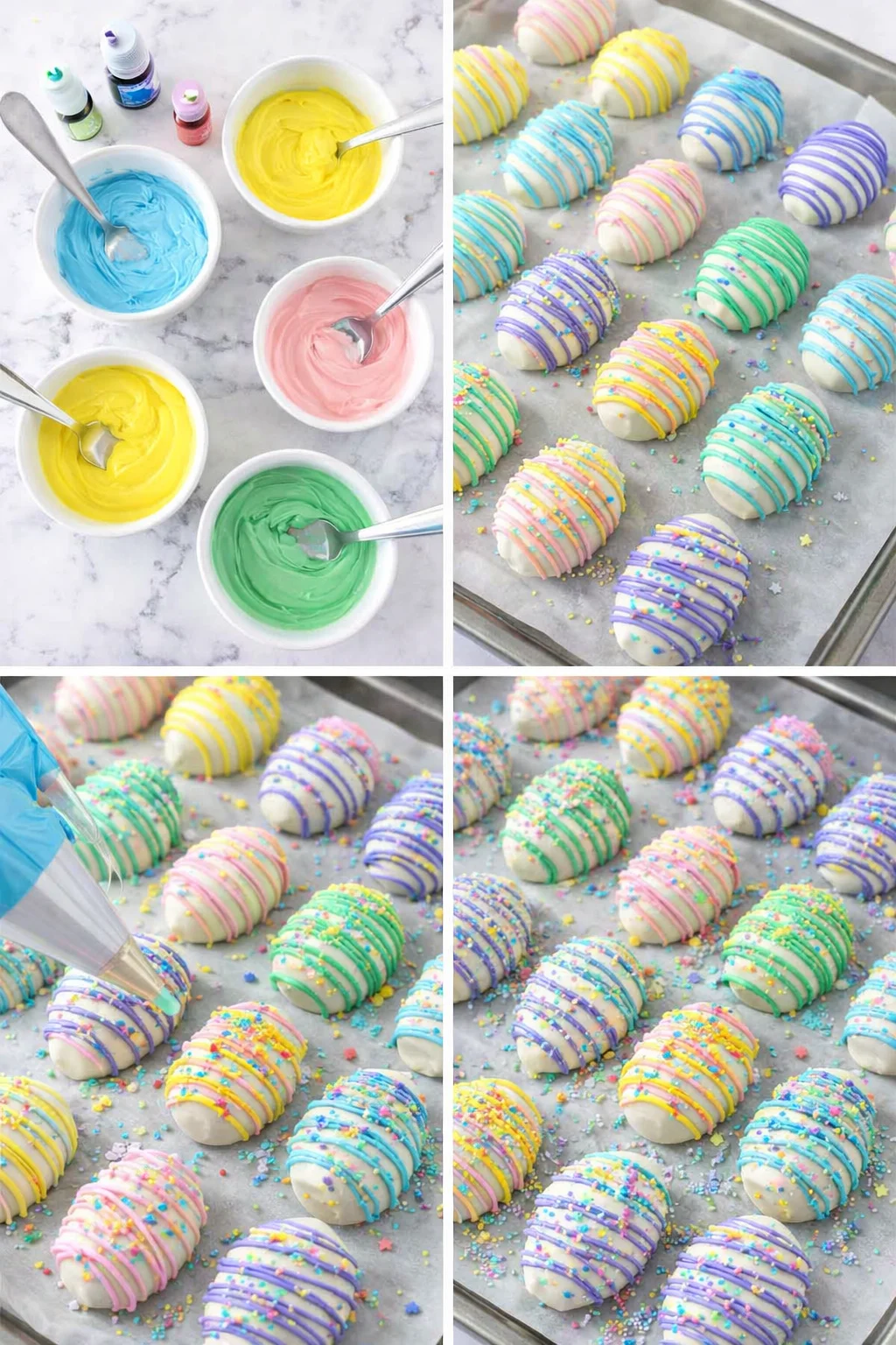step-process-placeholder-9-12.png Colored candy coatings piped over eggs, sprinkles pressed onto wet surface before setting.