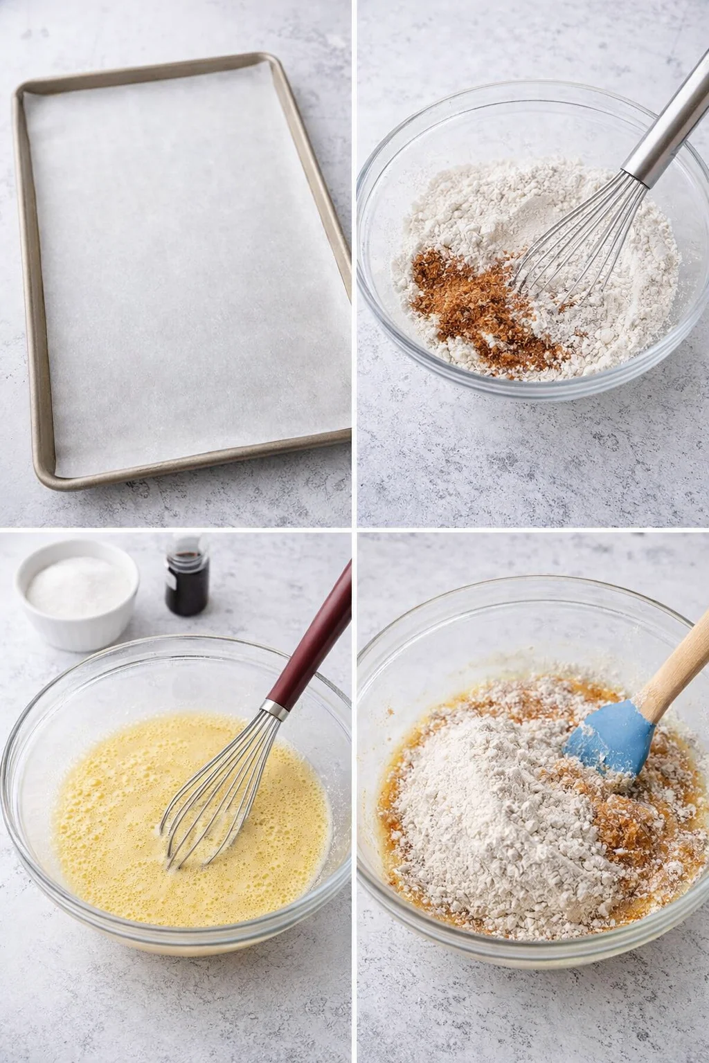 Eggs, sugar, and oil being whisked in a bowl beside a parchment-lined jelly-roll pan and dry ingredients.