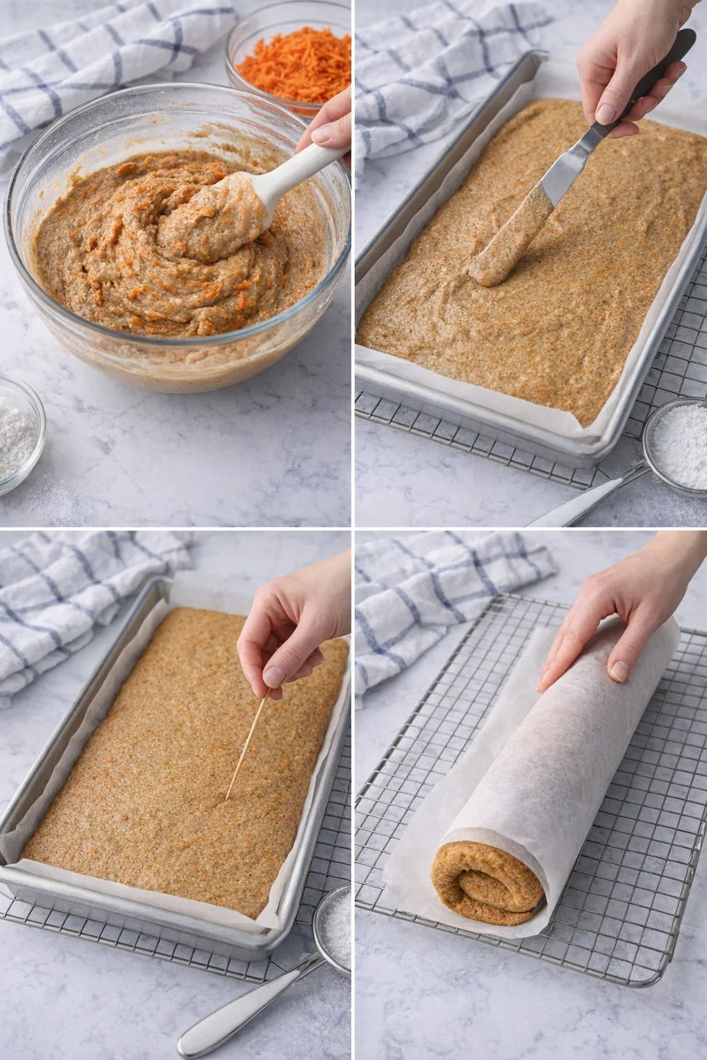 Shredded carrots folded into batter then poured and spread evenly in a parchment-lined jelly-roll pan.