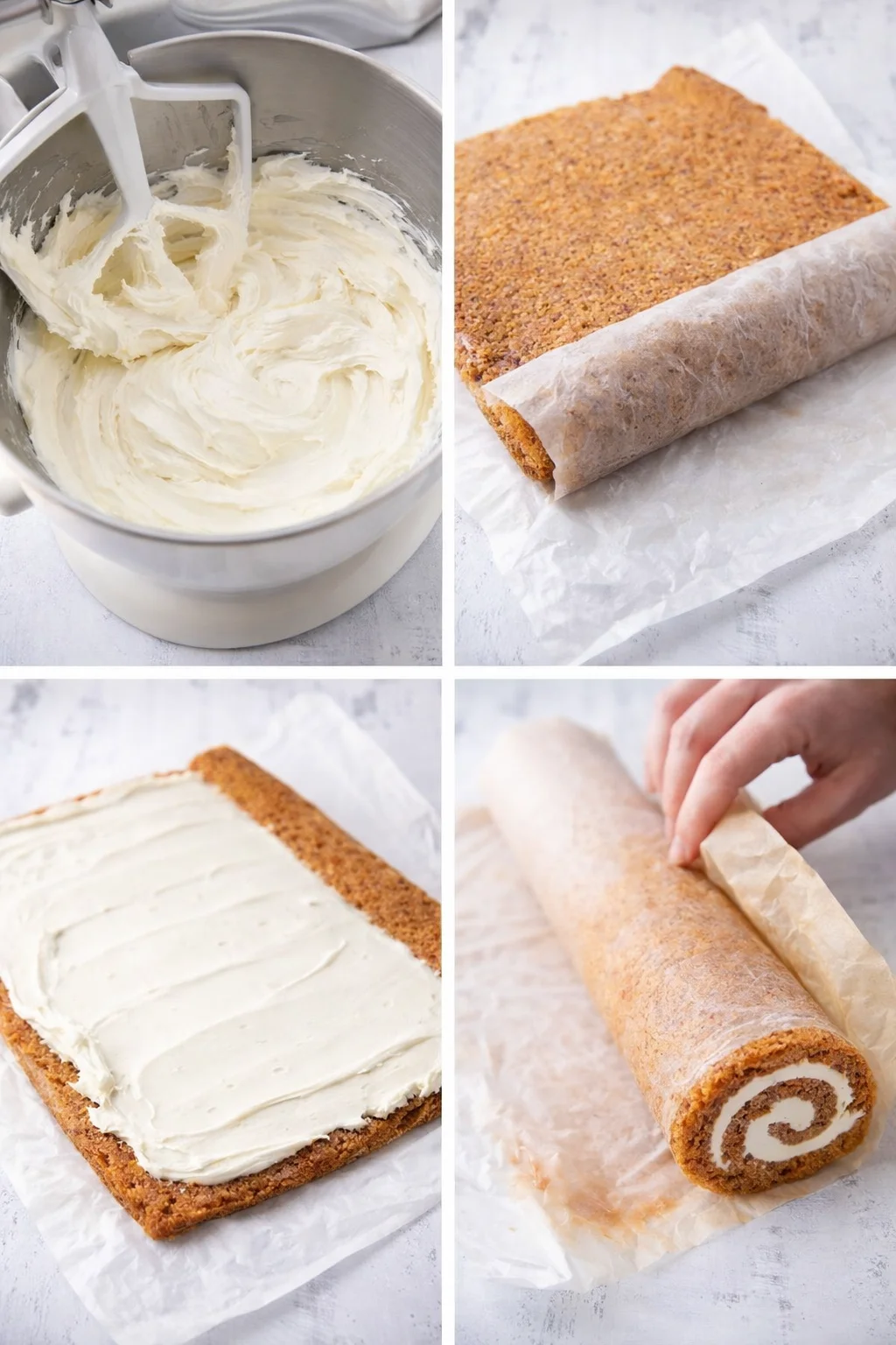 Silky cream-cheese frosting being spread over an unrolled cake, leaving a one-inch border before rolling.