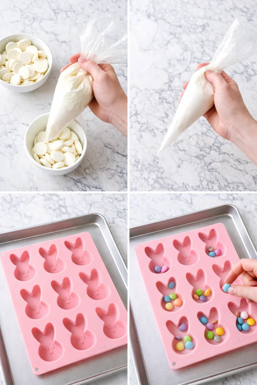 Disposable piping bag filled with white candy melts beside silicone bunny mold with pastel M&M's in cavities.