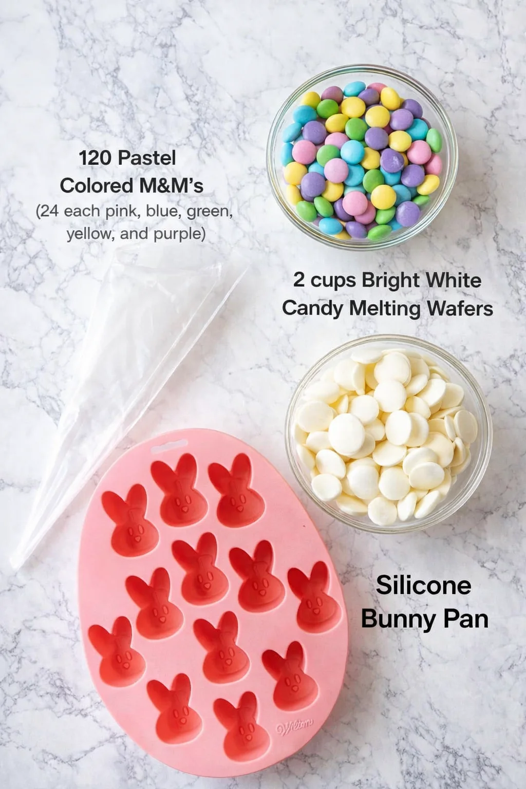 Measured ingredients arranged for Easter Bunny Bark: 120 pastel colored M&M's (24 each pink, blue, green, yellow, and purple), 2 cups bright white candy melting wafers