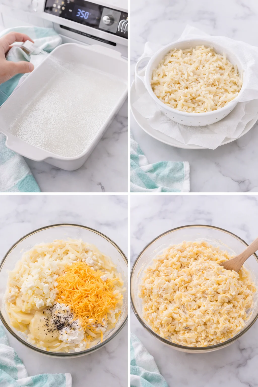 step-process-placeholder-1-4.png Large mixing bowl filled with shredded hashbrowns, sour cream, cream soup, melted butter, onions, and cheese being stirred