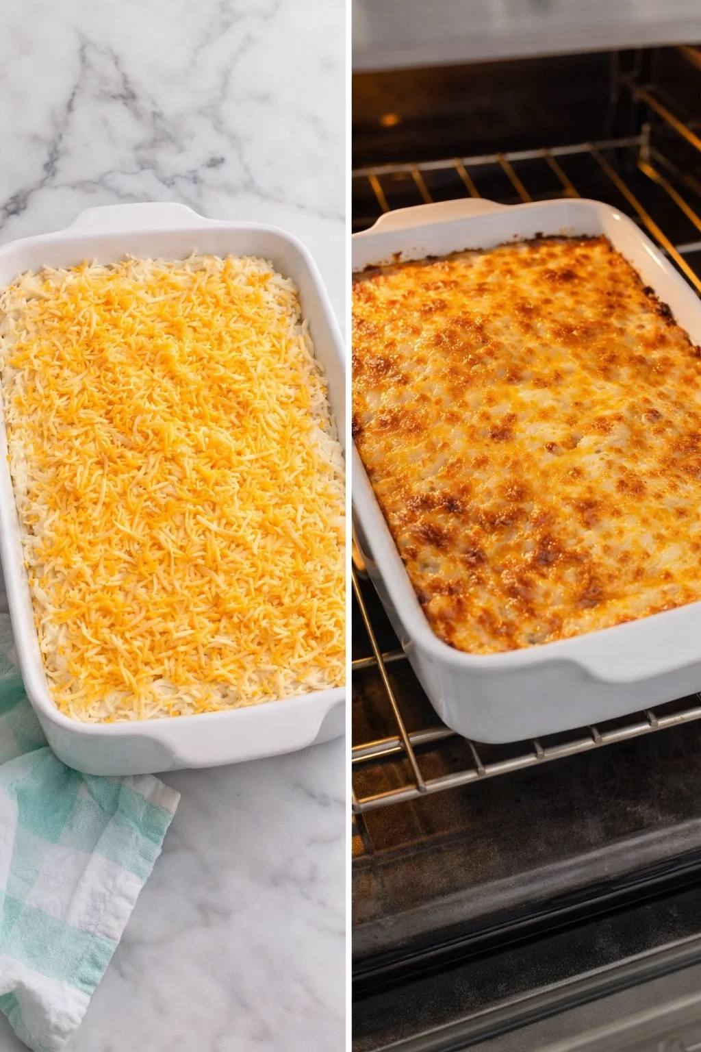 step-process-placeholder-5-6.png Casserole in a 9x13 baking dish topped with melted, bubbling, golden-brown cheese
