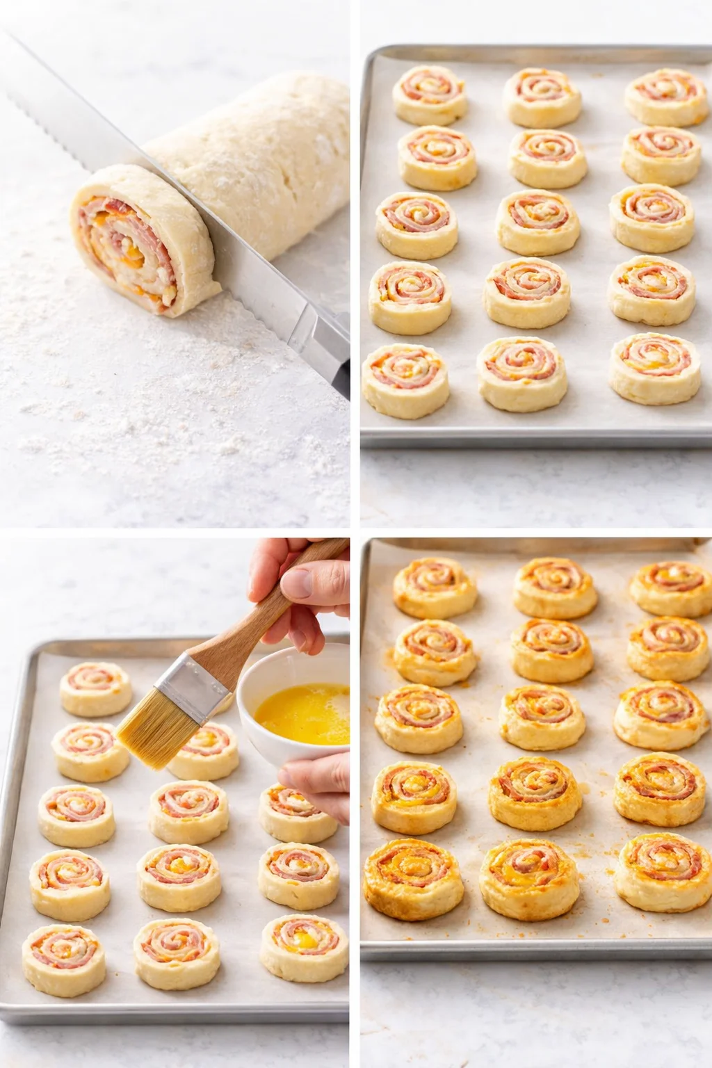 Sliced pinwheel rounds arranged cut side up on a parchment-lined baking sheet, brushed with egg.