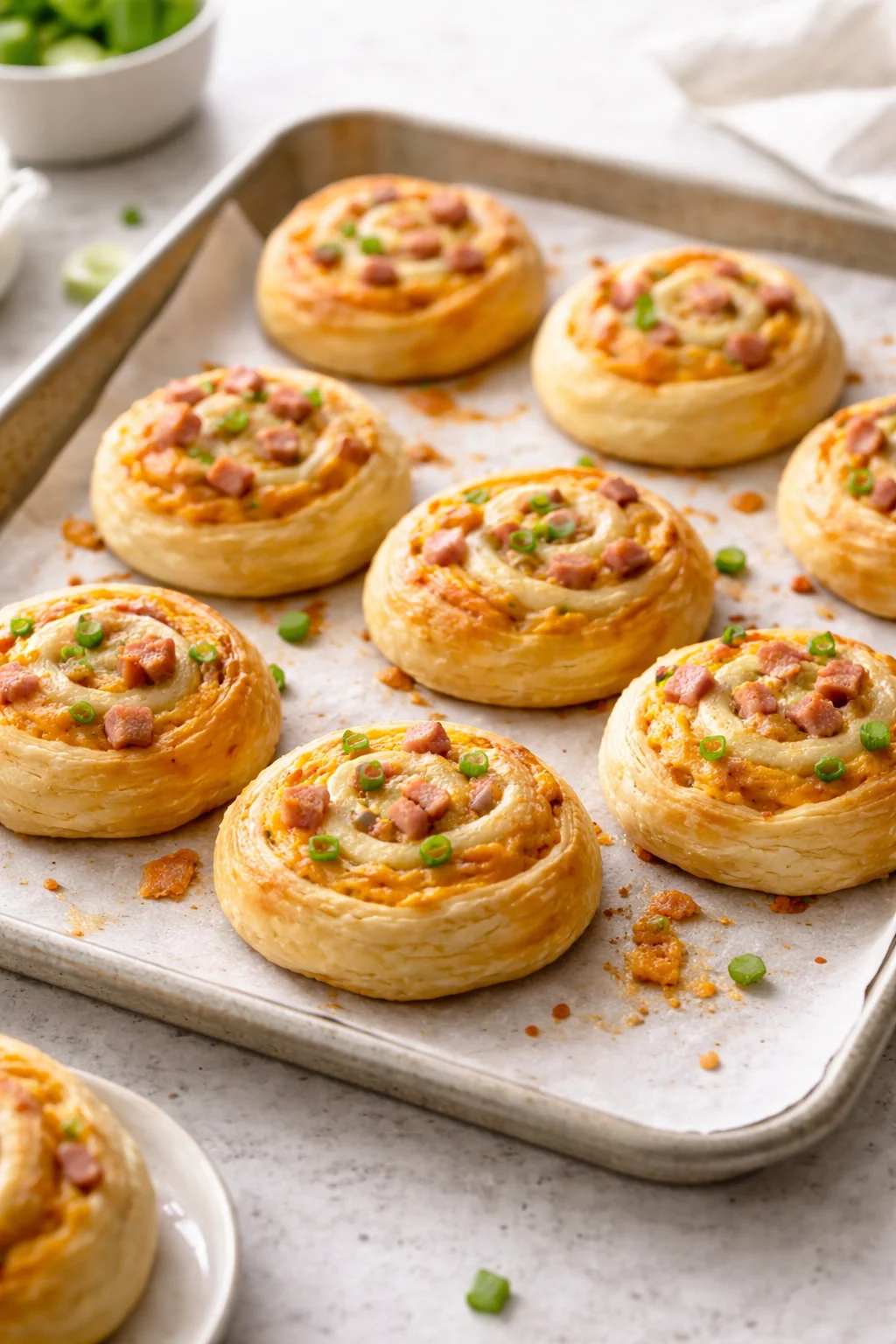 Golden baked pinwheels cooling on the baking sheet, slightly puffed and flaky.