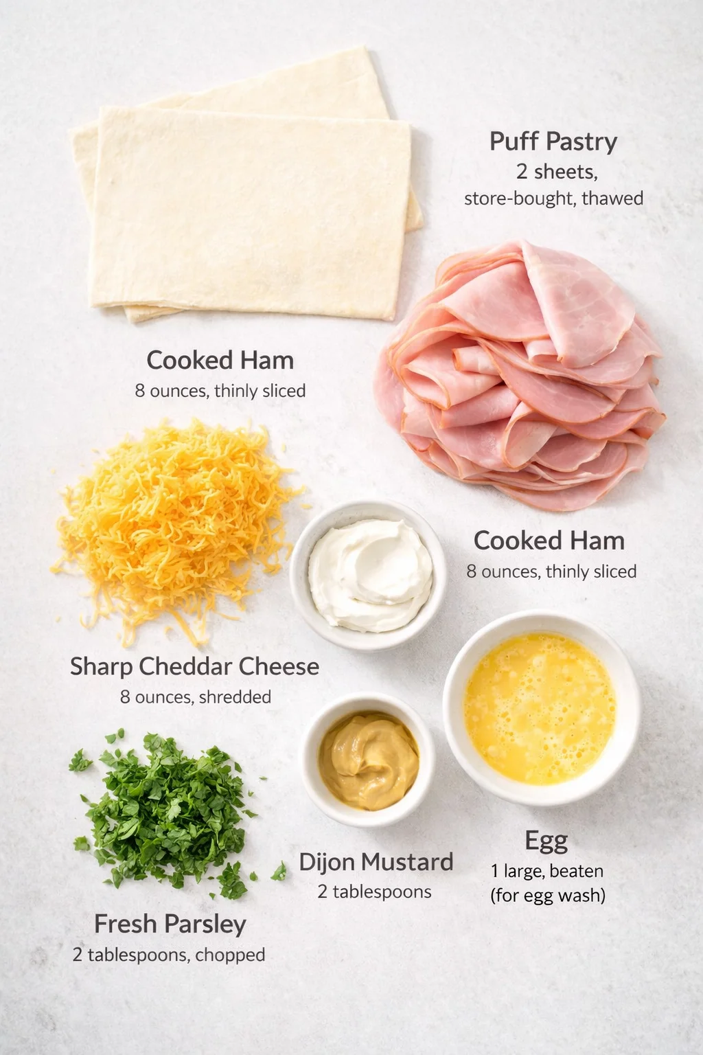 Measured ingredients arranged for Easter Ham and Cheddar Pinwheels: Puff Pastry: 2 sheets, store-bought, thawed, Cooked Ham: 8 ounces, thinly sliced, Sharp Cheddar Cheese: 8 ounces, shredded, Cream Cheese: 4 ounces, soft