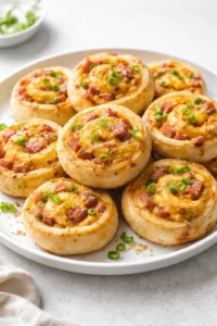 Final plated Easter Ham and Cheddar Pinwheels served as a hero shot