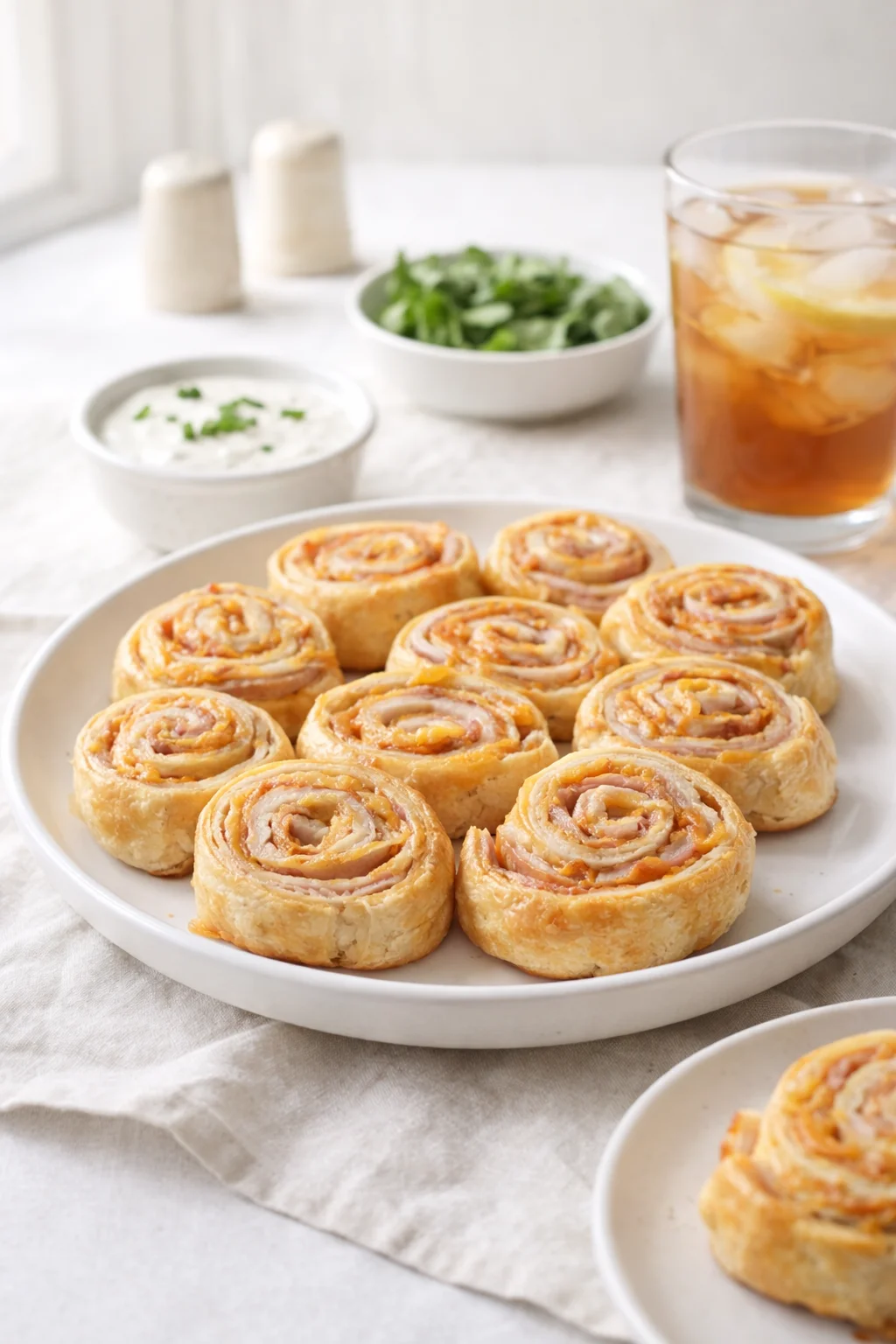 Alternative angle of Easter Ham and Cheddar Pinwheels served with a pairing