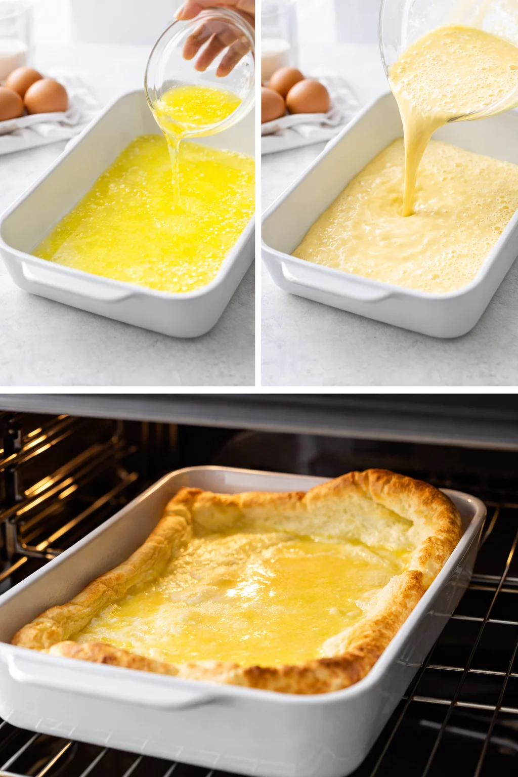 Batter poured into butter-coated 9x13 baking dish, puffed golden edges visible in oven