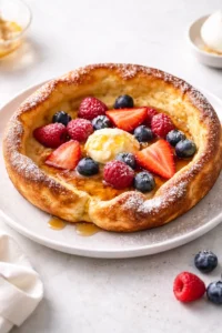 Final plated Easy German Pancakes served as a hero shot