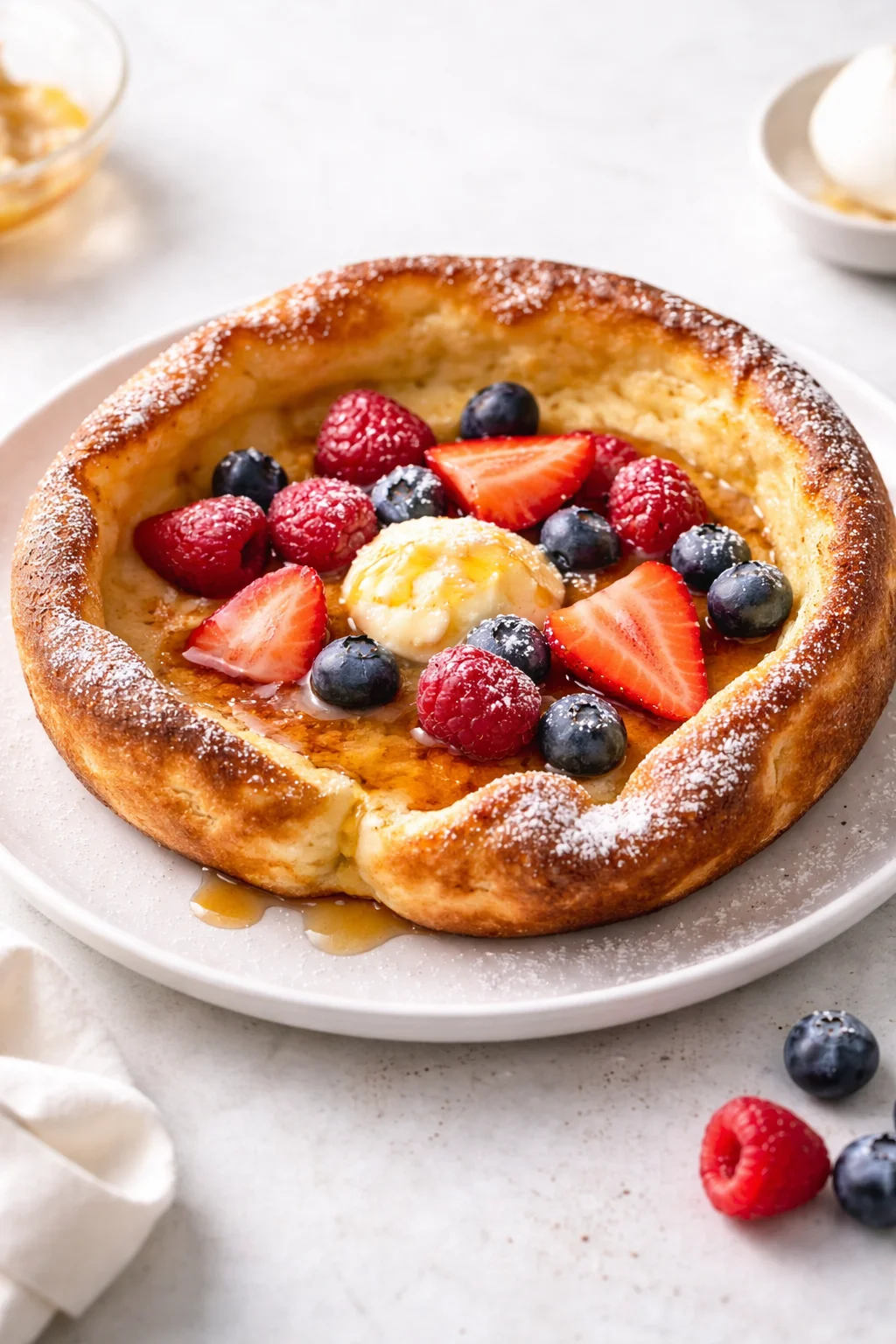 Final plated Easy German Pancakes served as a hero shot