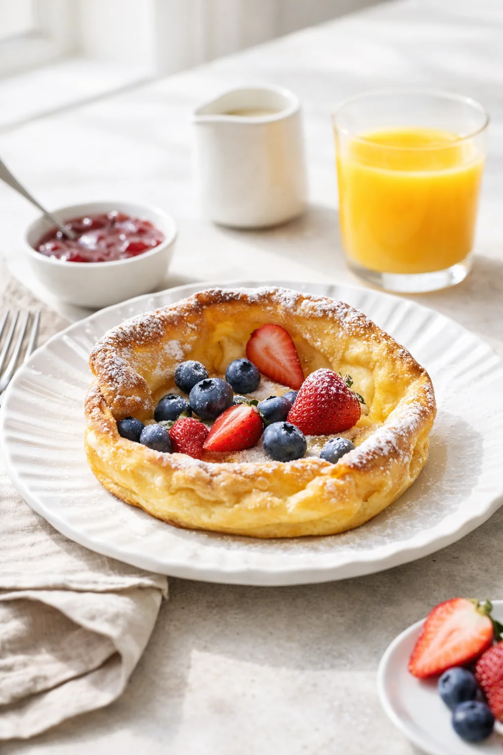 Alternative angle of Easy German Pancakes served with a pairing