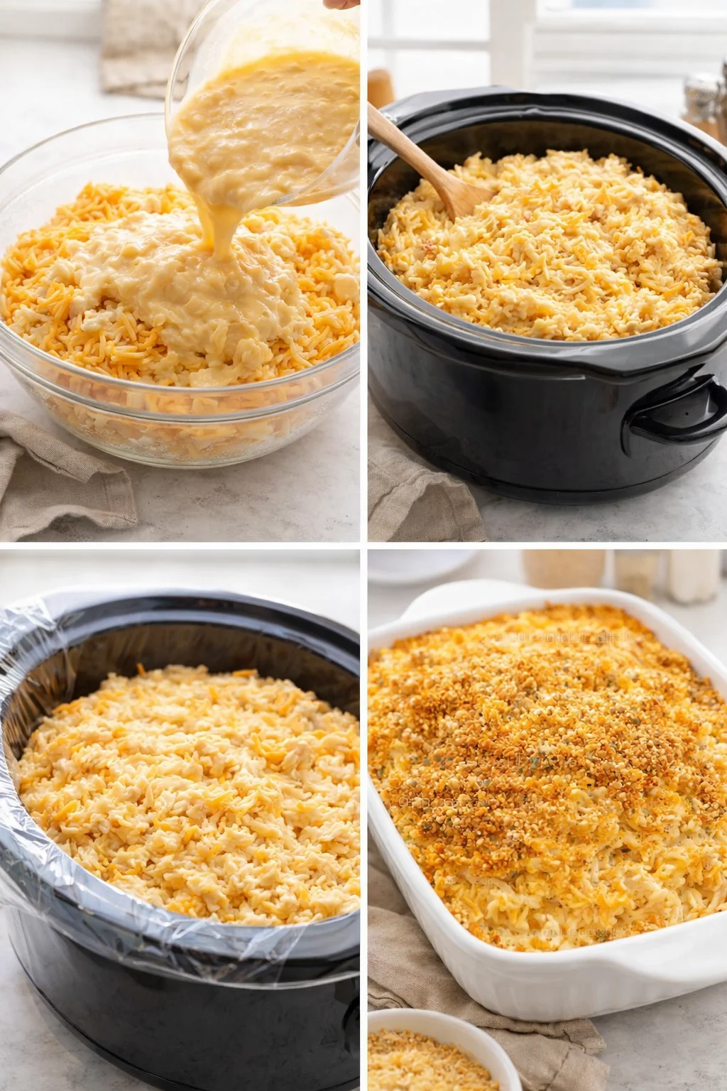 Slow cooker filled with combined hashbrown mixture, spoon smoothing surface; breadcrumb-topped baking dish nearby.