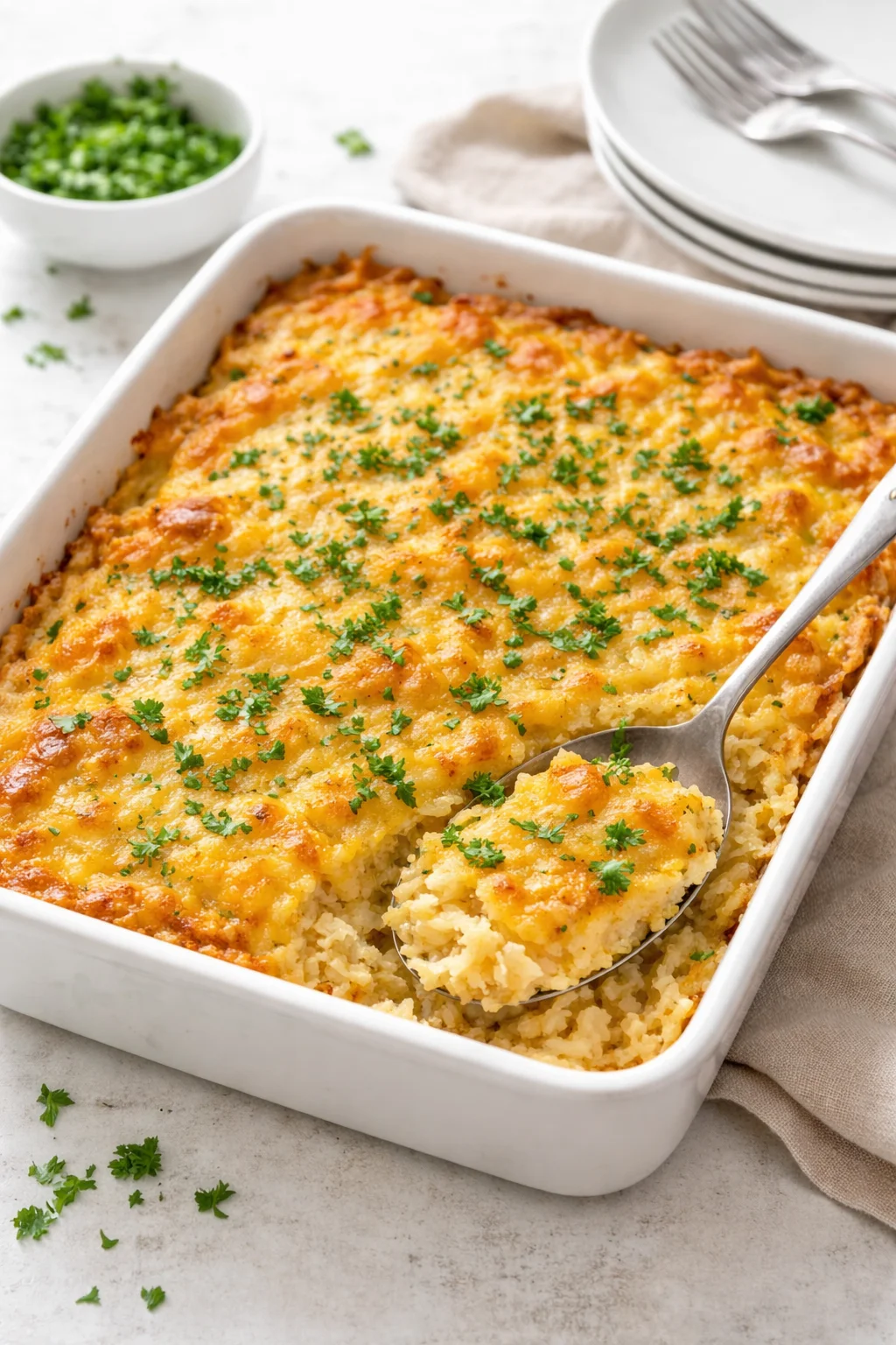 Casserole in serving dish garnished with freshly chopped parsley, steam rising from hot surface.