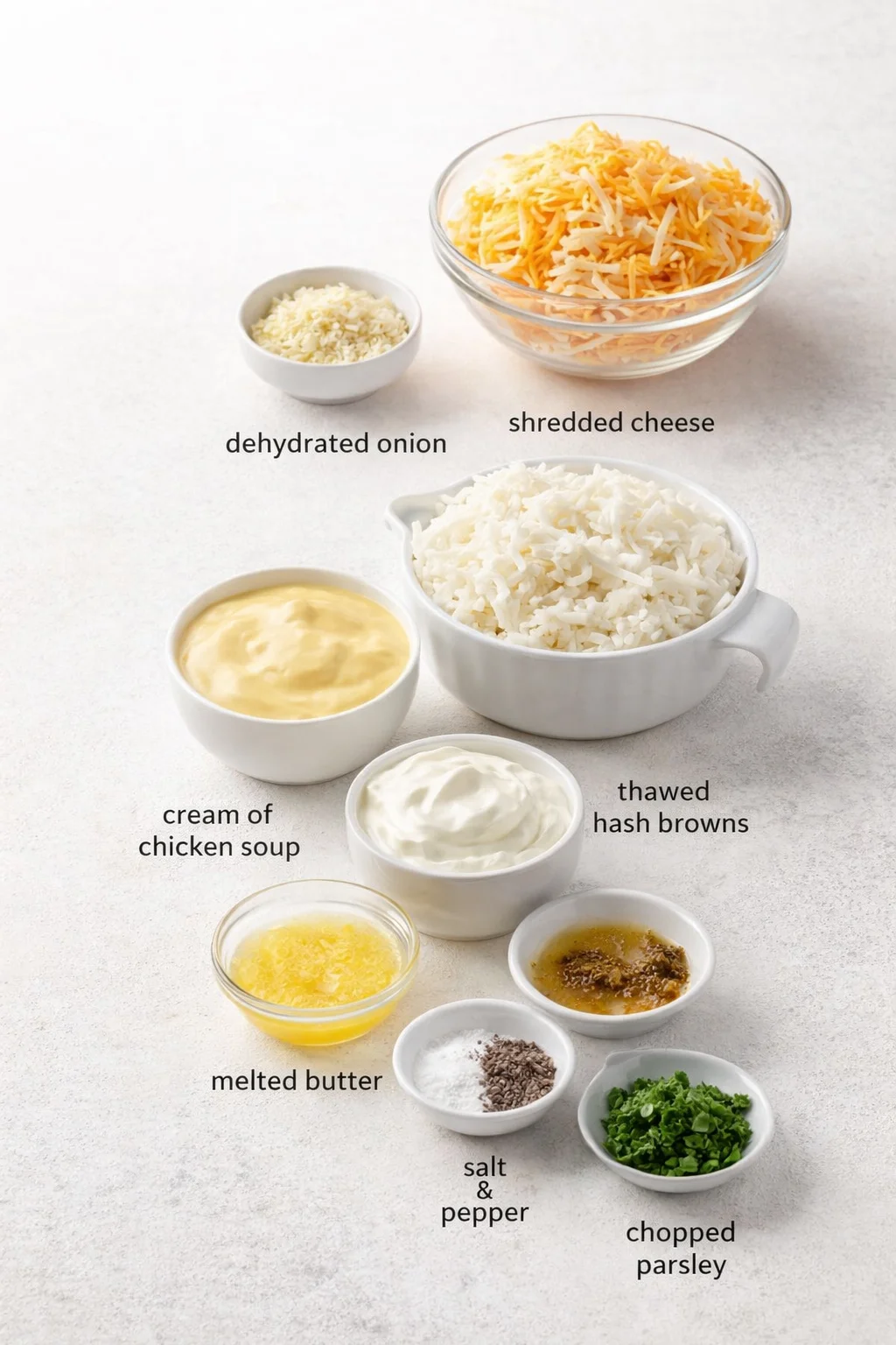 Measured ingredients arranged for Copycat Cracker Barrel Hashbrown Casserole: shredded cheese, dehydrated onion, thawed hash browns, cream of chicken soup, sour cream, melted butter