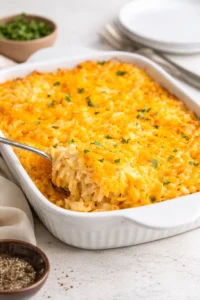 Final plated Copycat Cracker Barrel Hashbrown Casserole served as a hero shot