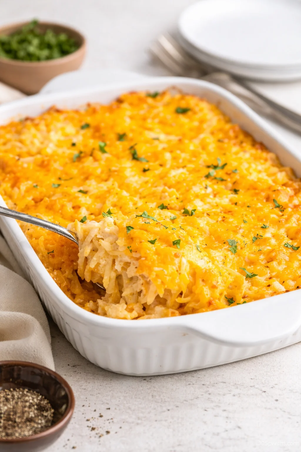 Final plated Copycat Cracker Barrel Hashbrown Casserole served as a hero shot