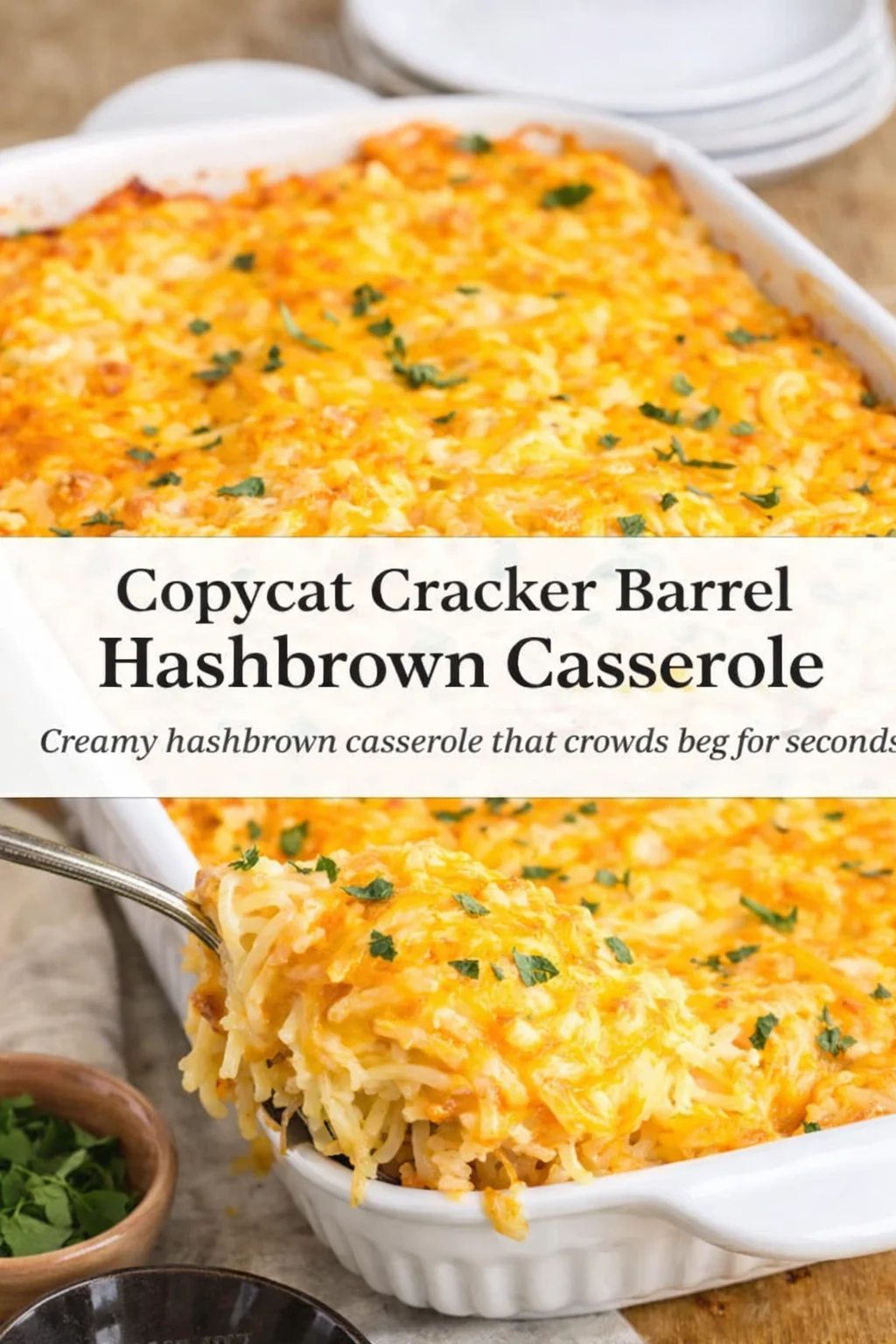 Pinterest-style image for Copycat Cracker Barrel Hashbrown Casserole with centered text overlay