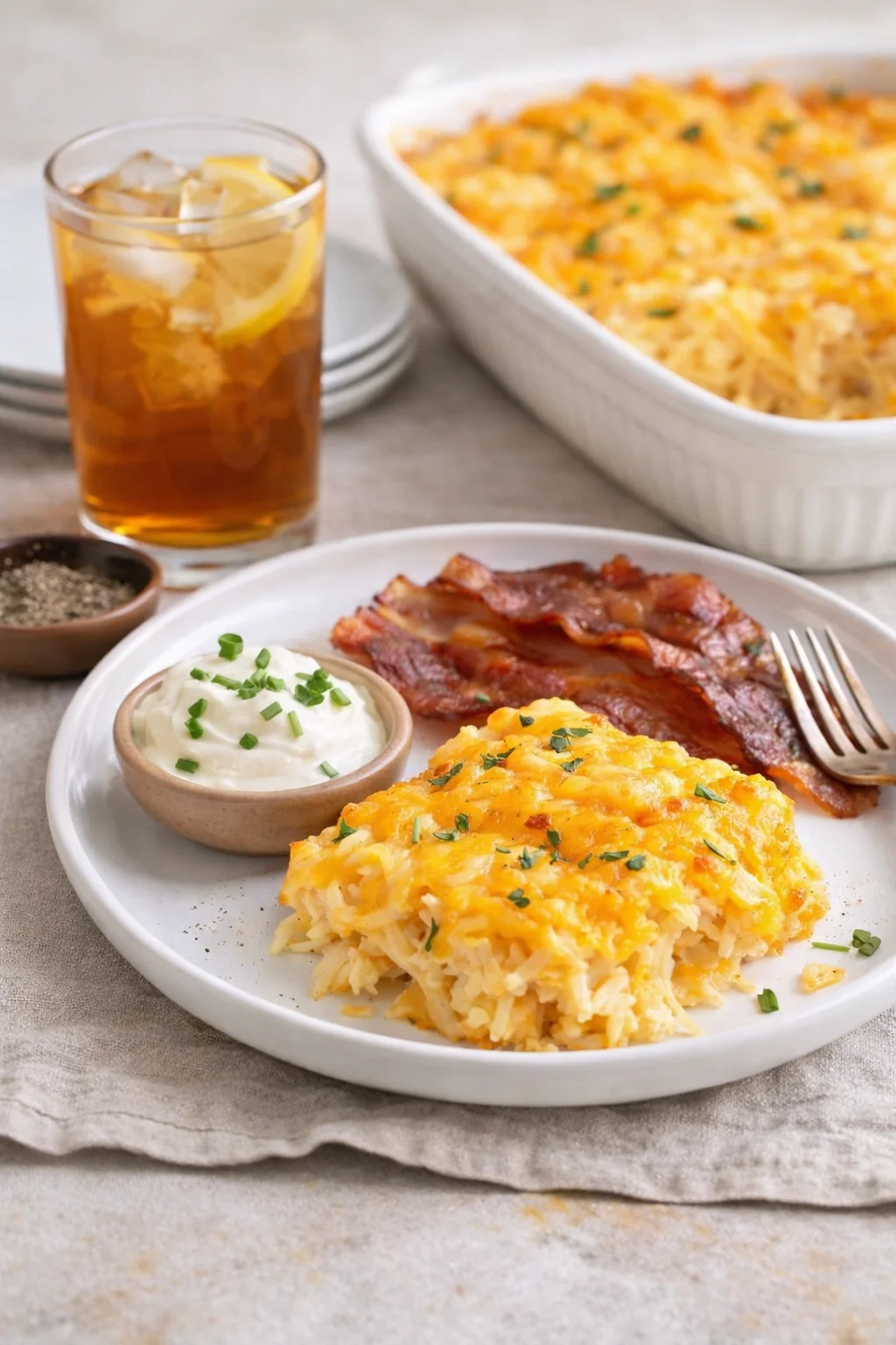 Alternative angle of Copycat Cracker Barrel Hashbrown Casserole served with a pairing