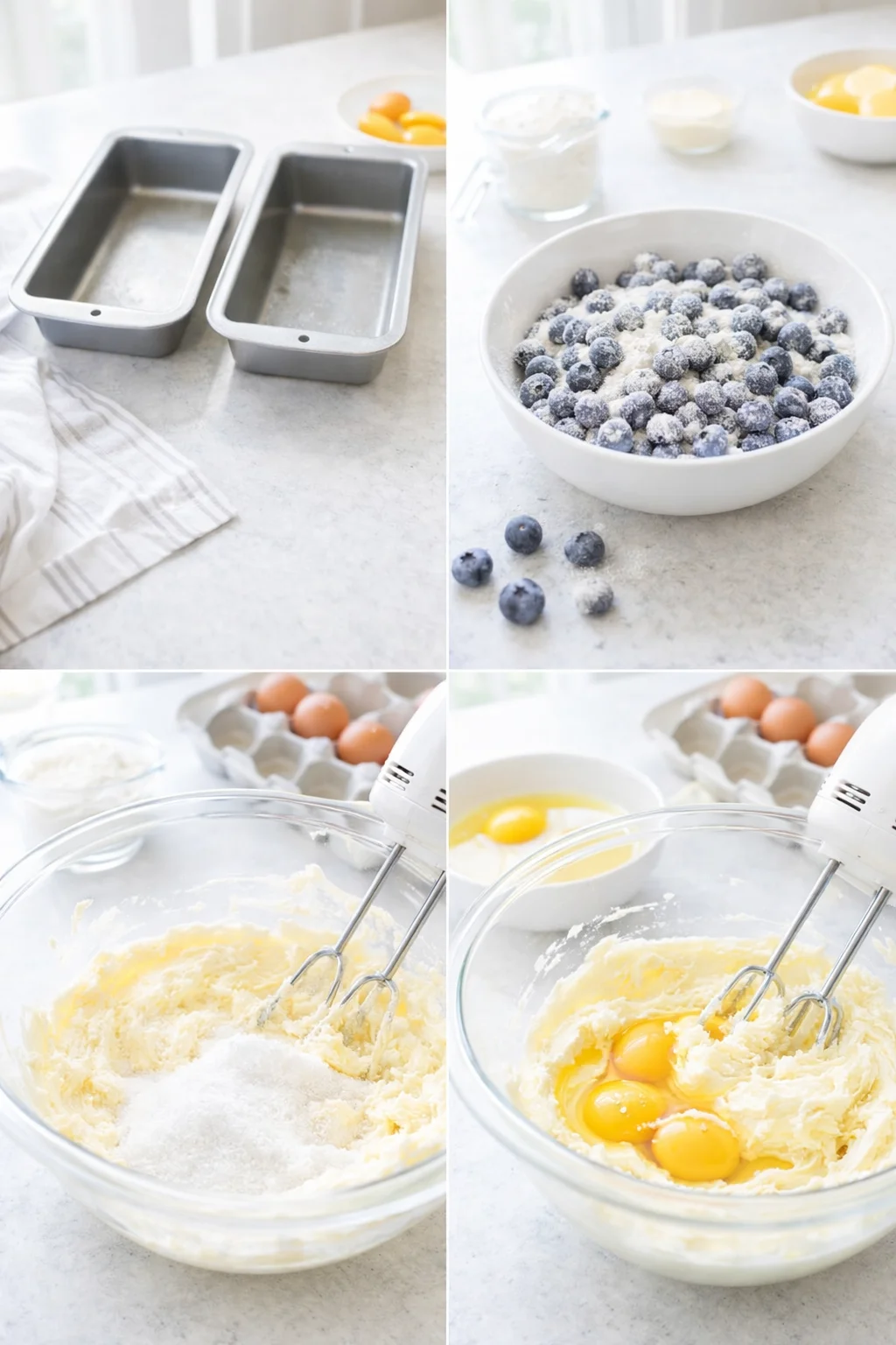 Two greased loaf pans next to a bowl of flour-coated blueberries and creamed butter mixture