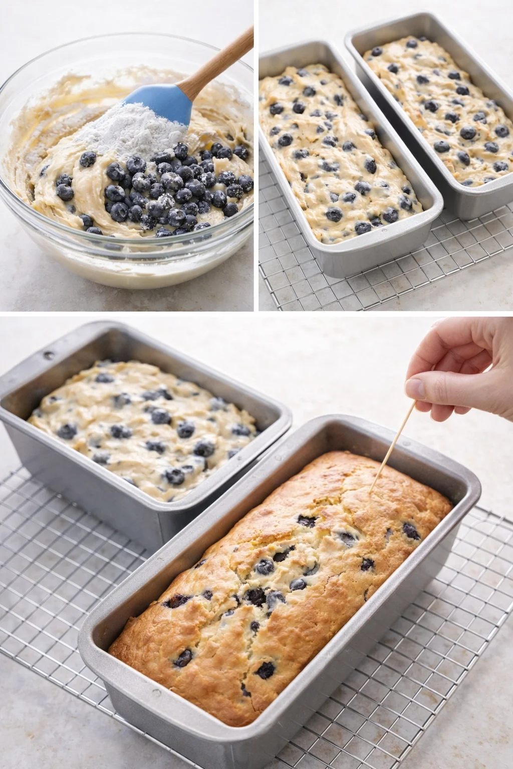 Thick blueberry-speckled batter being gently folded with a spatula and divided between two loaf pans