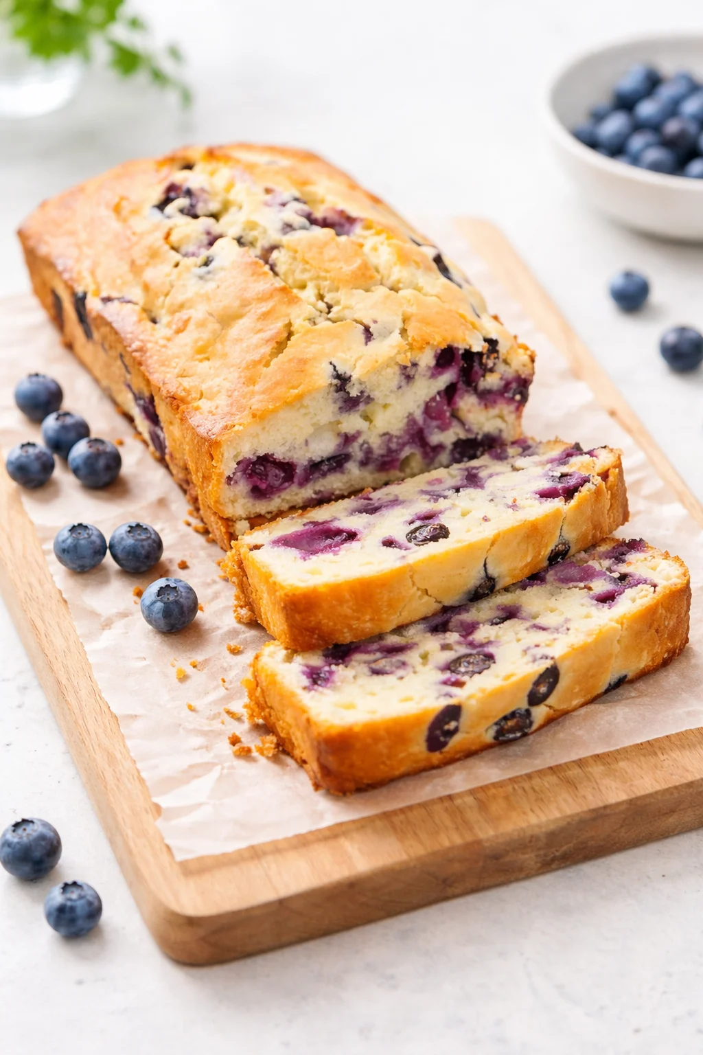 Golden loaves cooling on a rack, one loaf removed and partially sliced to reveal blueberry crumb