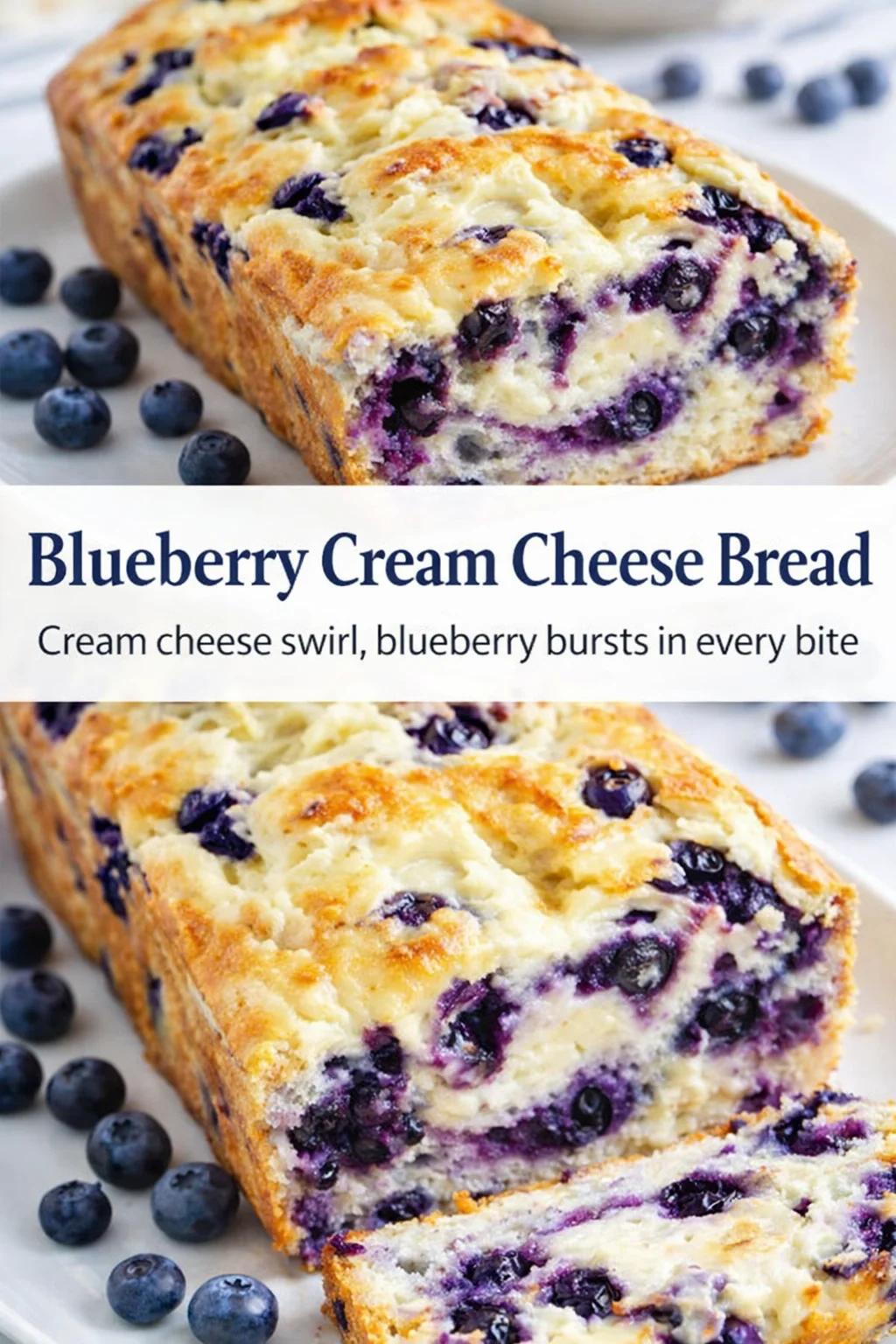 Pinterest-style image for Blueberry Cream Cheese Bread with centered text overlay