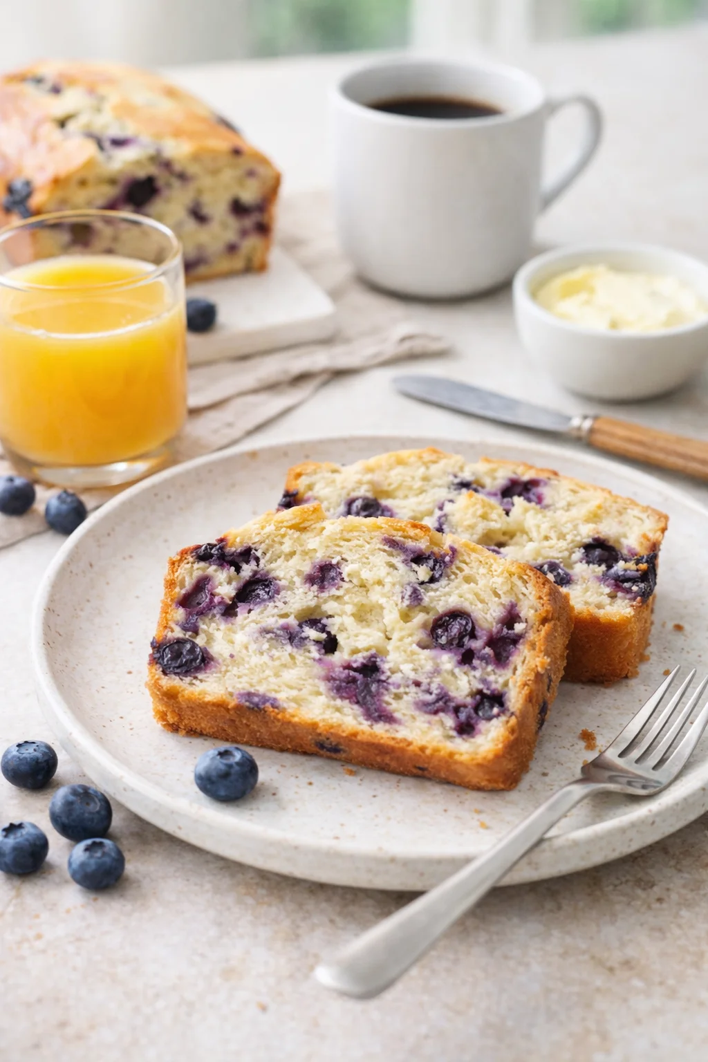 Alternative angle of Blueberry Cream Cheese Bread served with a pairing