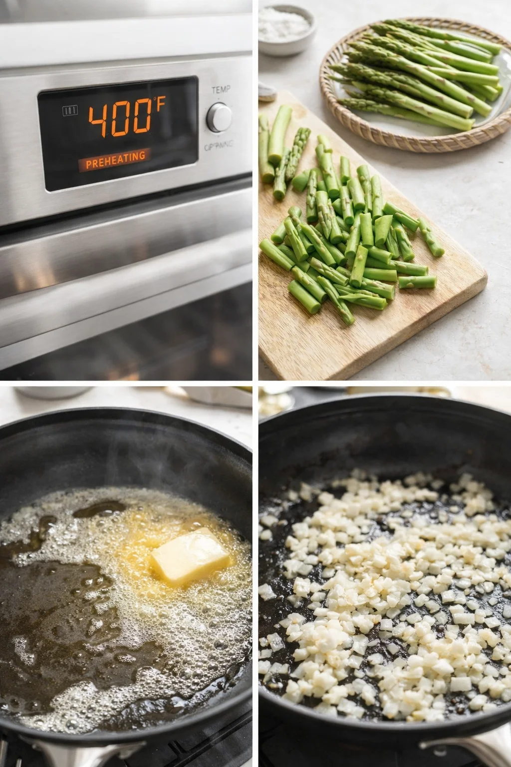 Trimmed asparagus pieces beside a skillet of bubbling butter with diced onion sizzling.