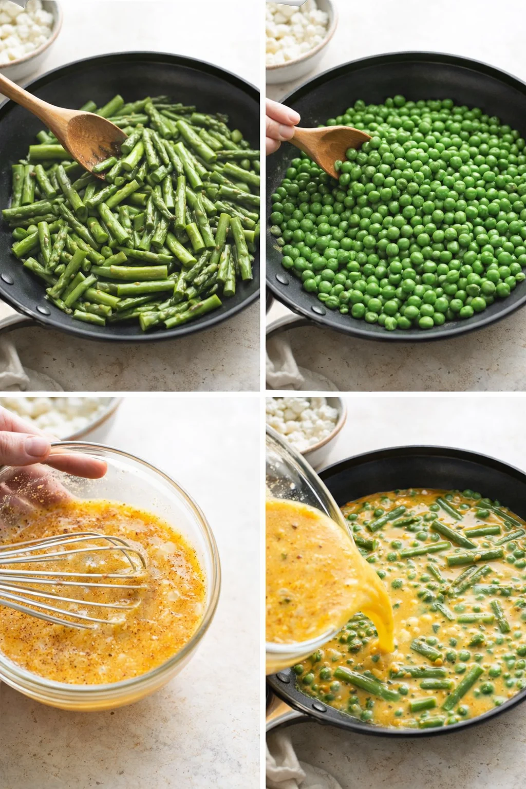 Egg mixture being poured from a bowl over sautéed asparagus and peas in skillet.