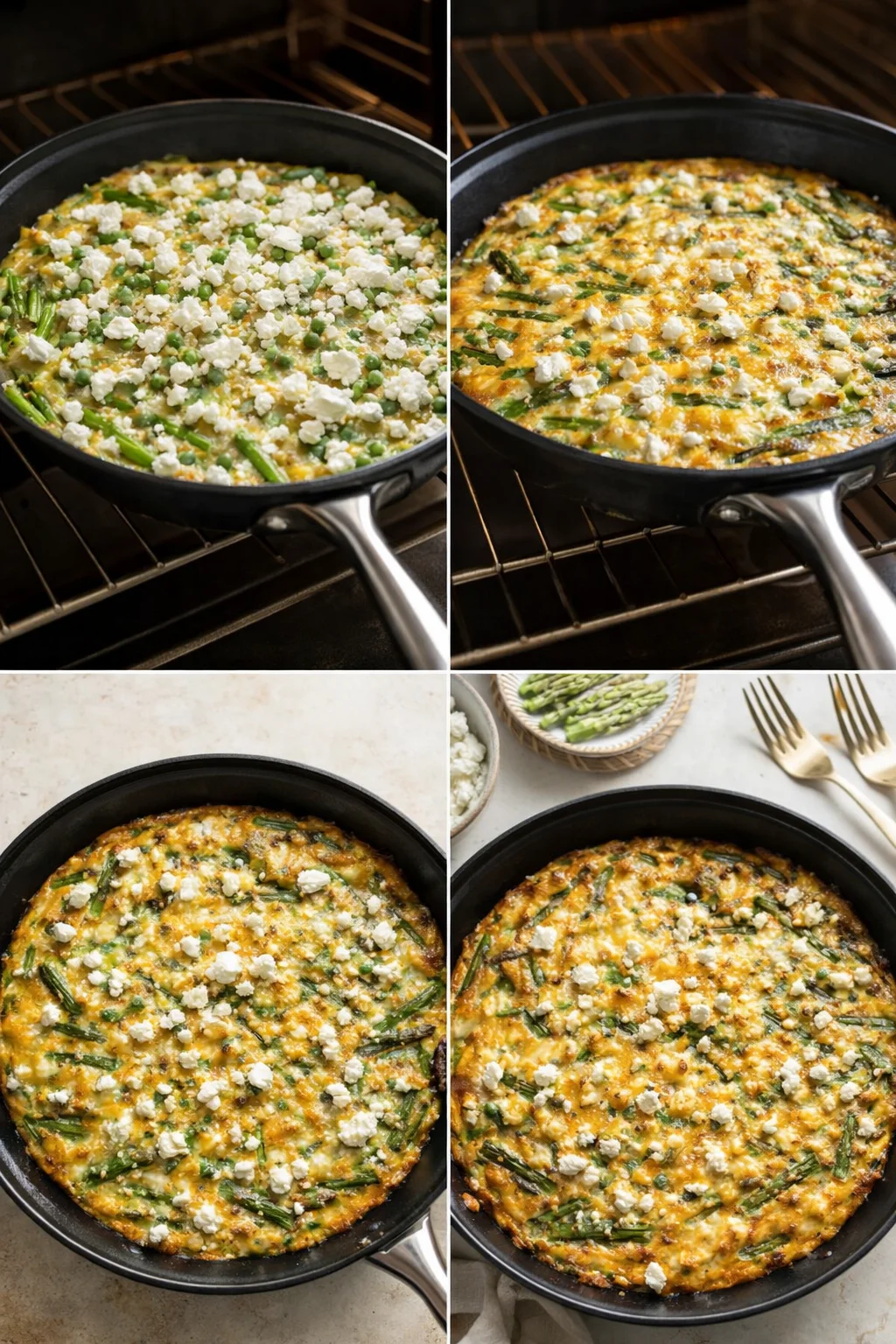 Feta crumbles scattered over set frittata in skillet, showing lightly golden edges after baking.