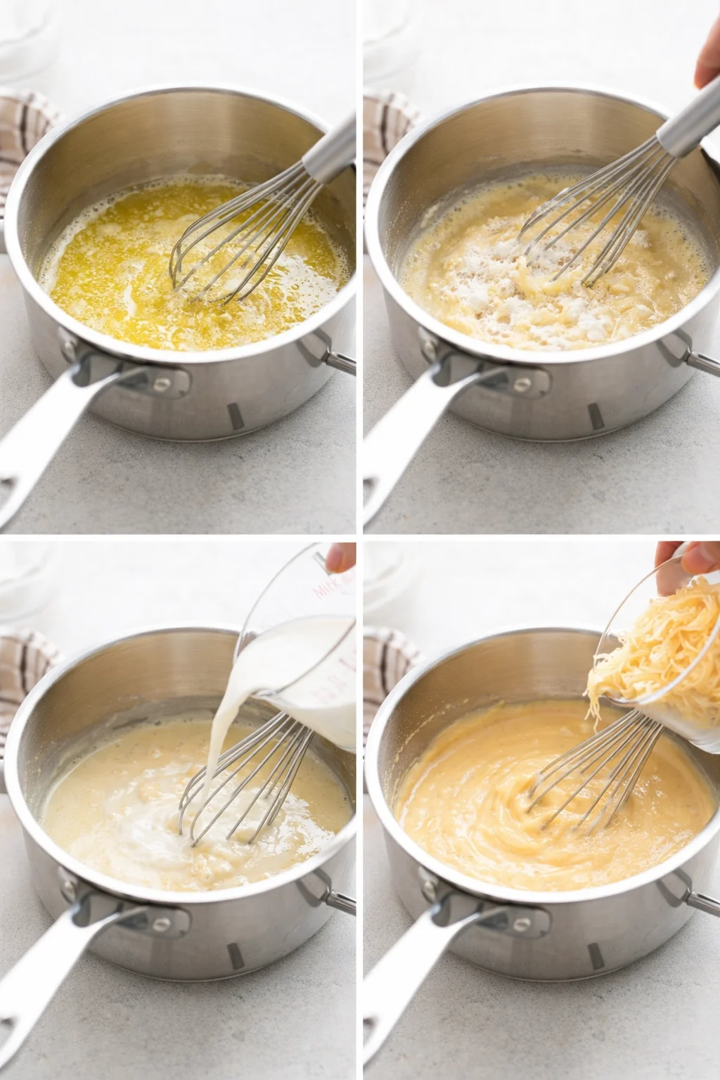 Glossy creamy cheese sauce simmering in saucepan while being whisked smooth.