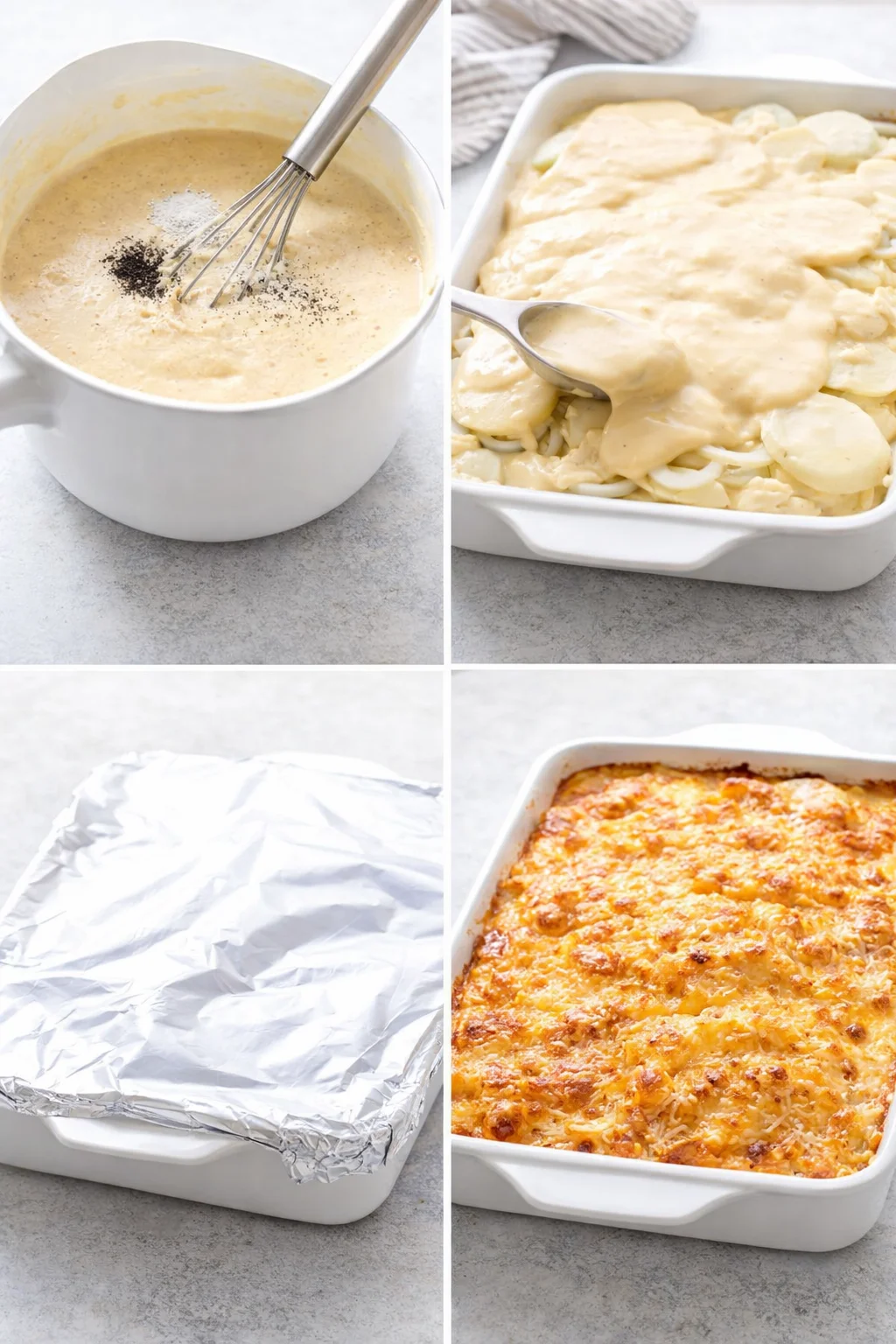 Golden, bubbly gratin with browned, crispy cheese topping in baking dish.