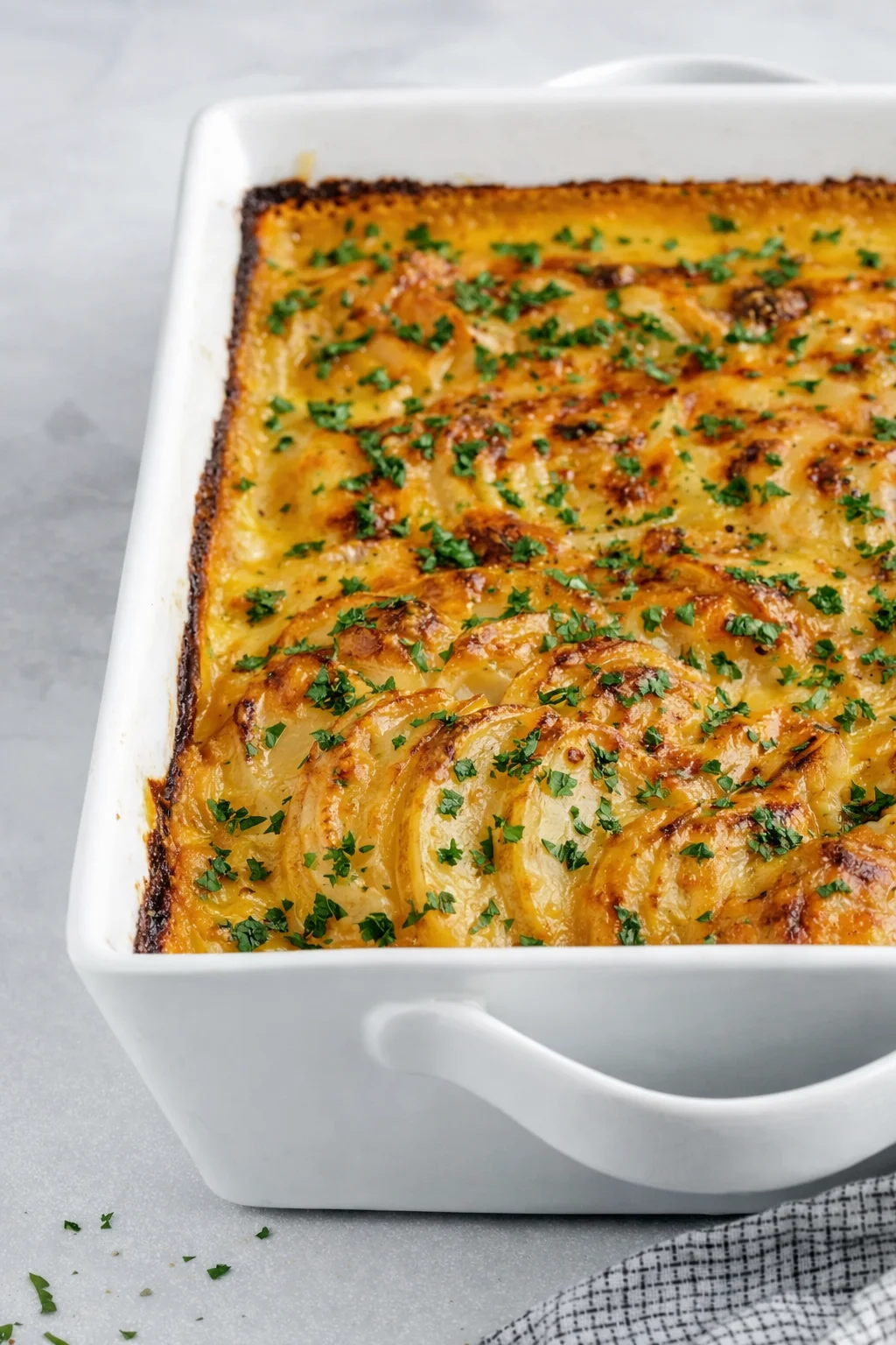 Finished gratin sprinkled with chopped fresh parsley over bubbling golden cheese.