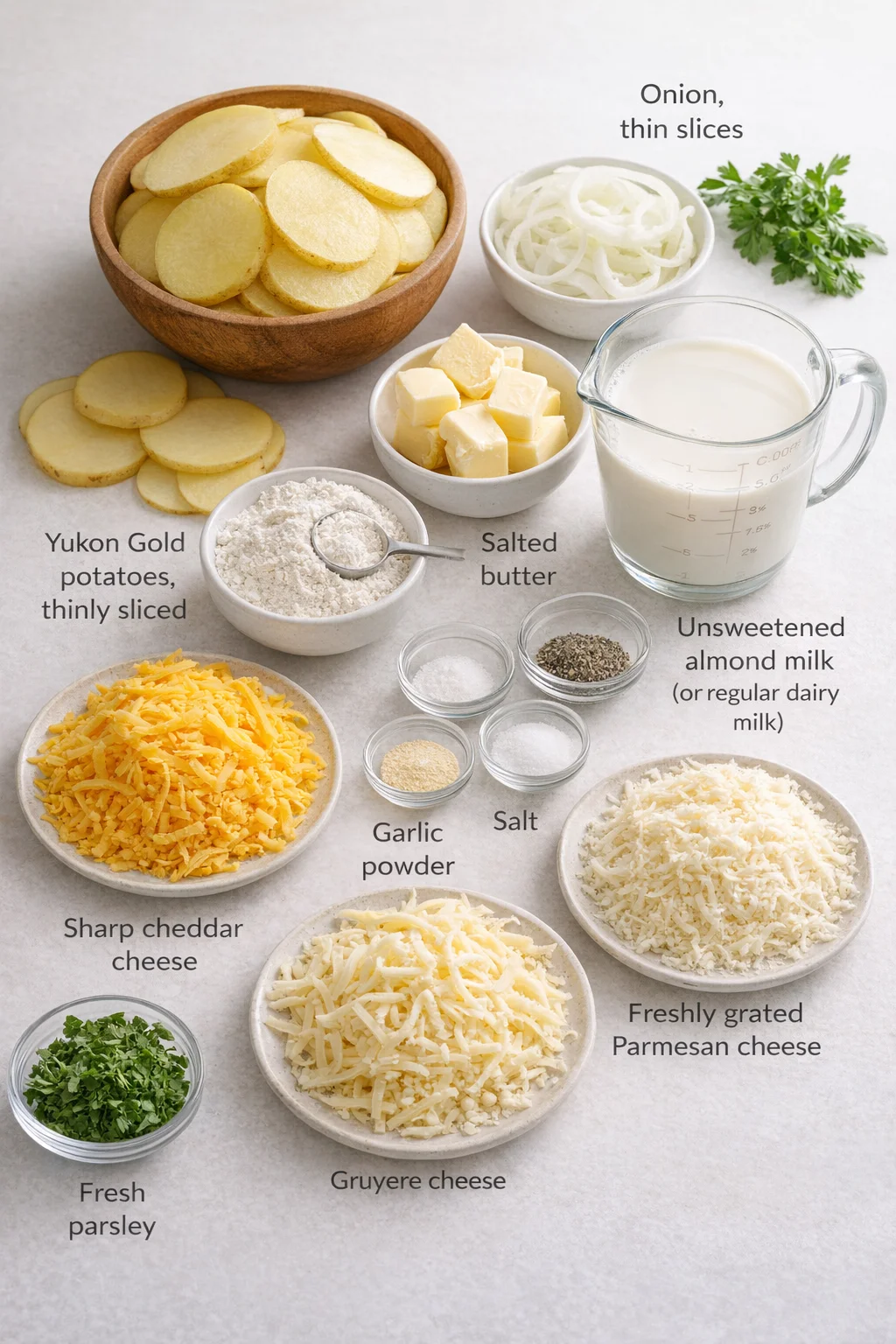 Measured ingredients arranged for Gramma's Creamy & Cheesy Au Gratin Potatoes: Yukon Gold potatoes: thinly sliced, Onion: thin slices, Salted butter, All-purpose flour (or whole wheat or 1:1 gluten-free flour), Unsweeten