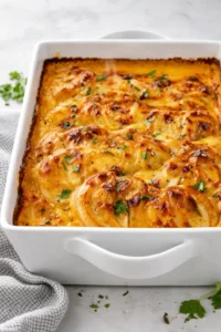 Final plated Gramma's Creamy & Cheesy Au Gratin Potatoes served as a hero shot